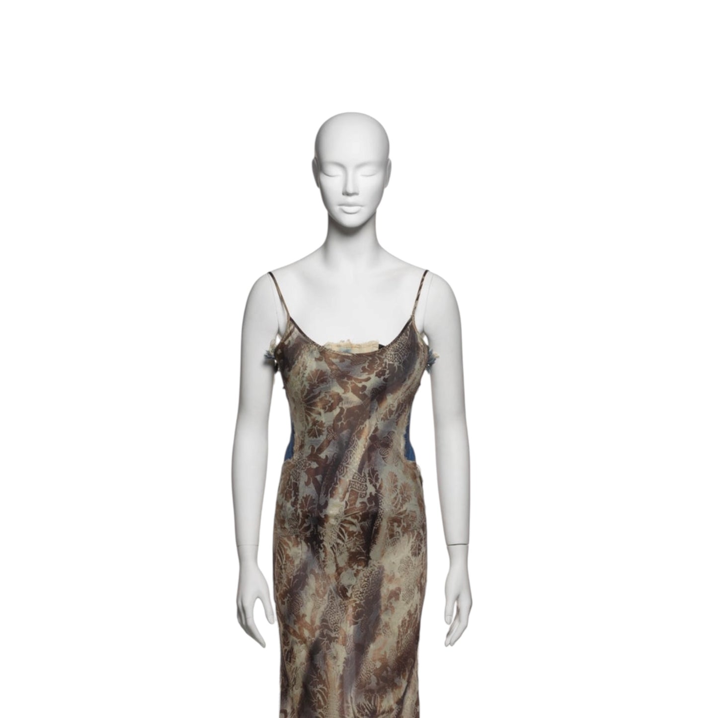 Roberto Cavalli Runway SS2001 Floral Silk Dress with Built-In Bleached Denim Corset