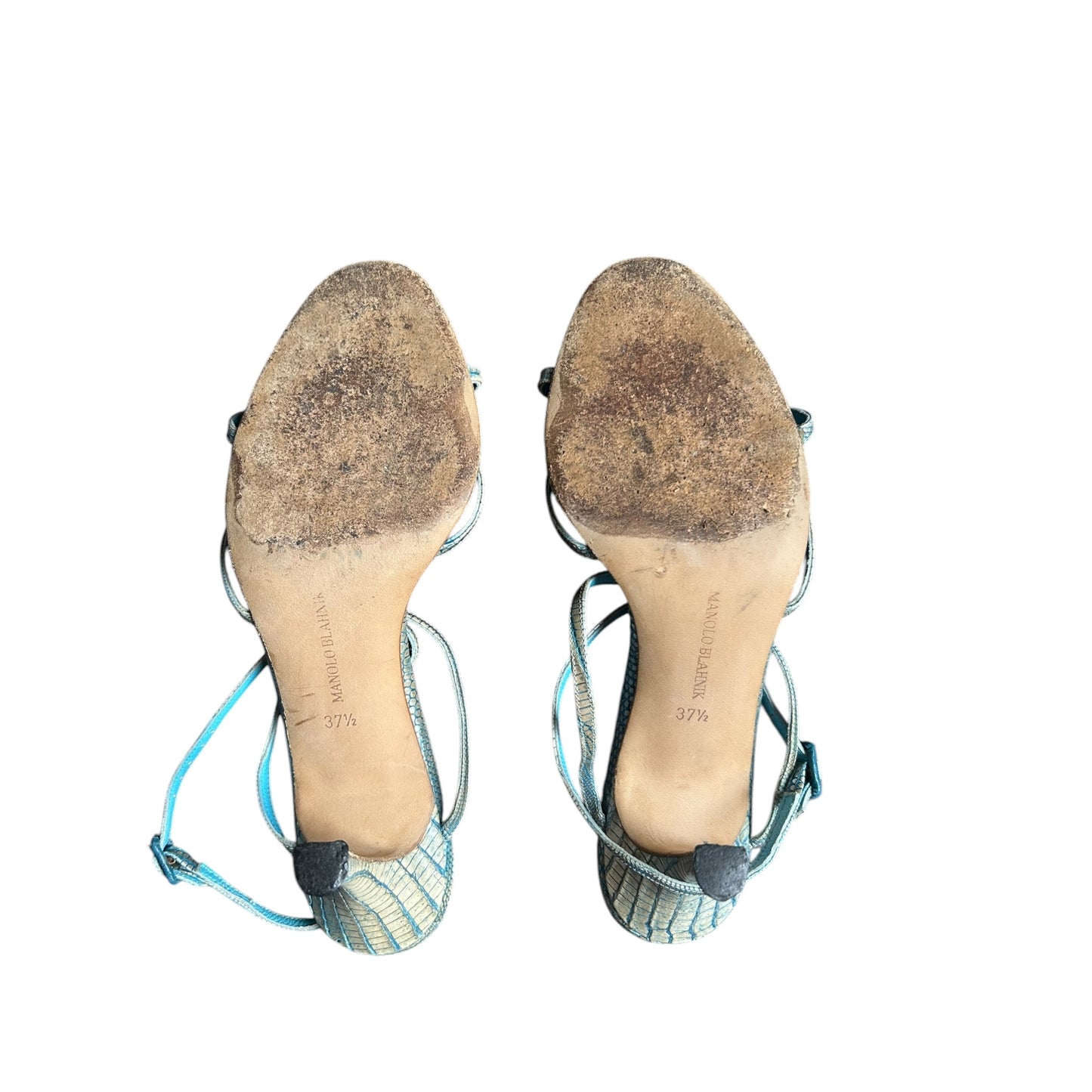 Vintage Manolo Blahnik lizard turquoise strap sandal heels / 37.5