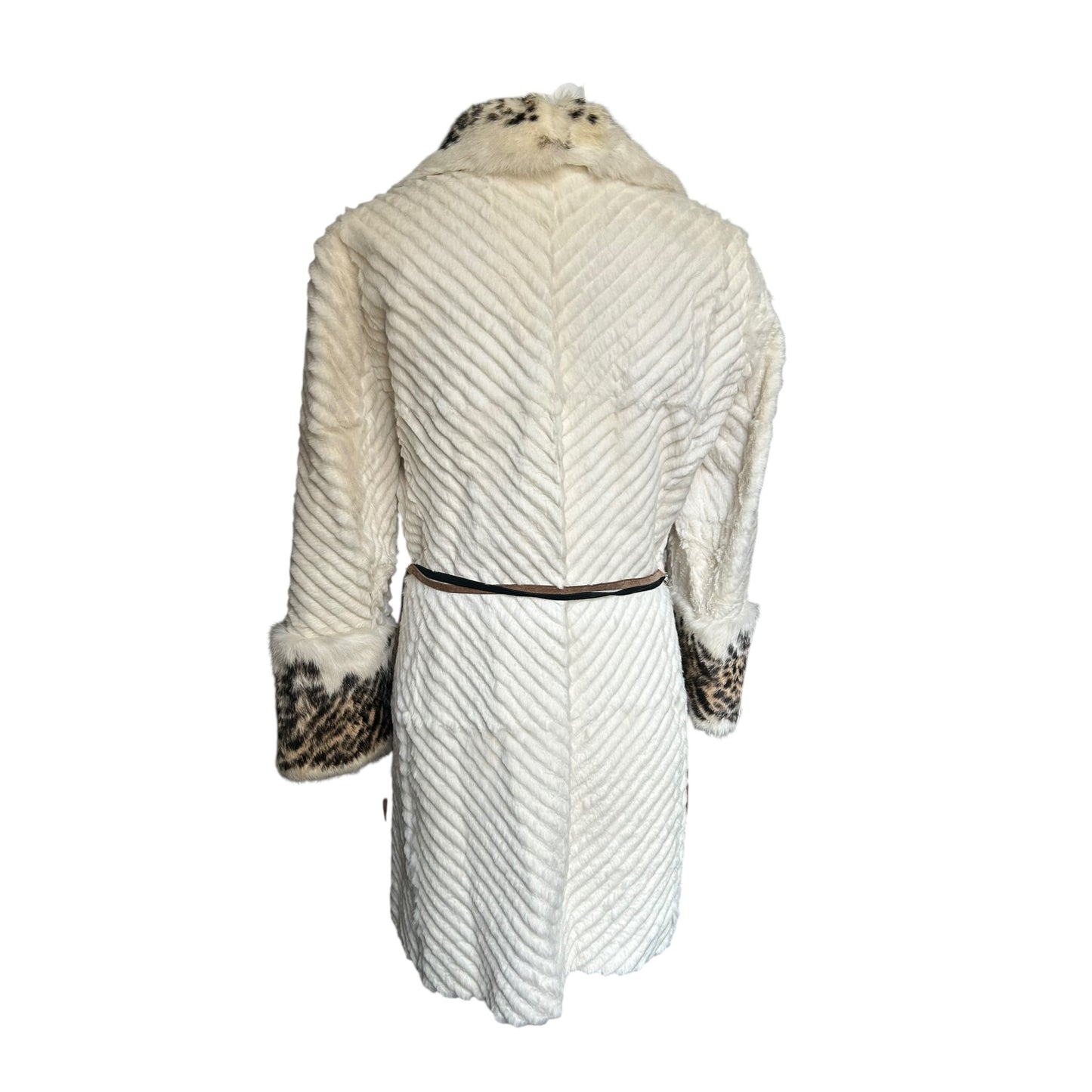 Vintage Versace Jeans Couture White Textured Coat with Leopard Fur Collar – Belted Luxury Statement Jacket – Made in Italy