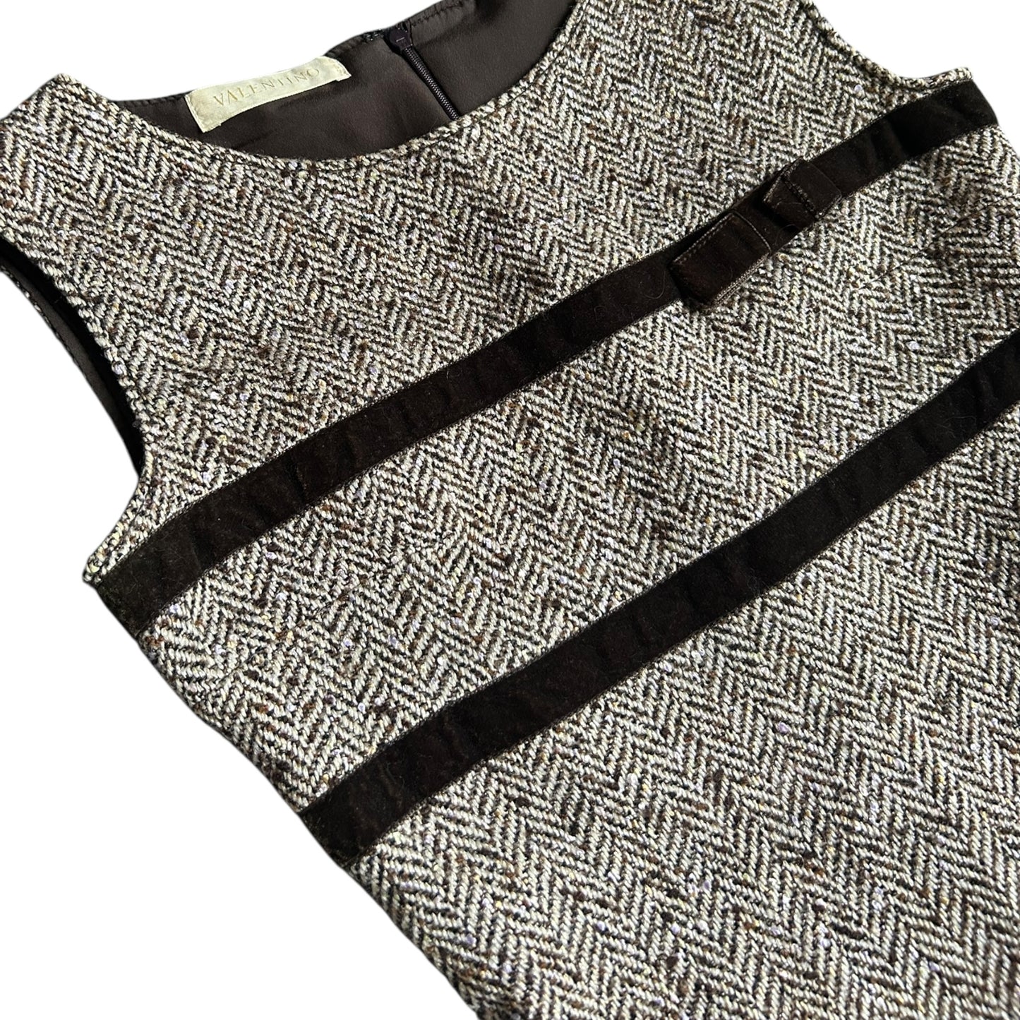 RENTAL ONLY Vintage Valentino 2005 Tweed Dress – Sleeveless A-Line Wool Blend Midi with Black Velvet Trim – Designer Archive Piece