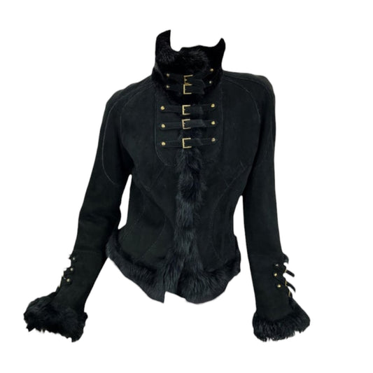 Vintage Roberto Cavalli FW 2004 black suede and mink shearling jacket coat