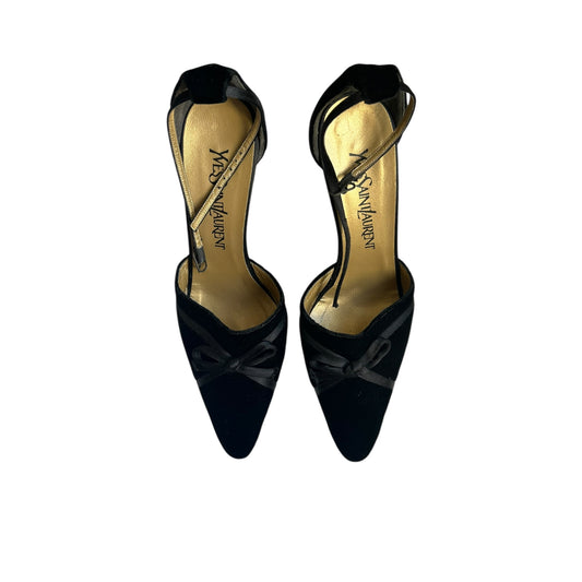 Vintage Yves Saint Laurent bow tie velour black heels / 37.5