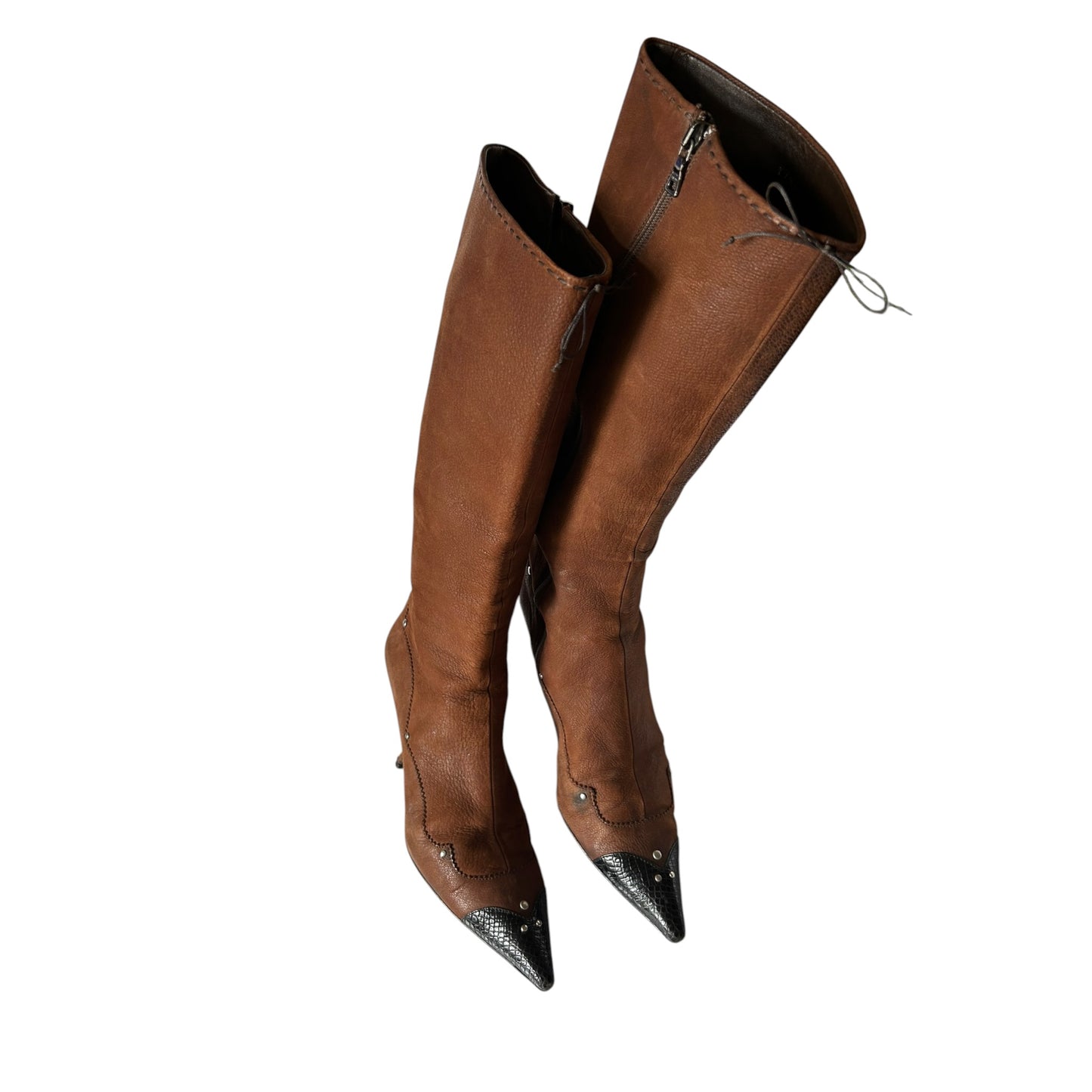 Vintage Prada brown leather black cap knee high boots / 36.5