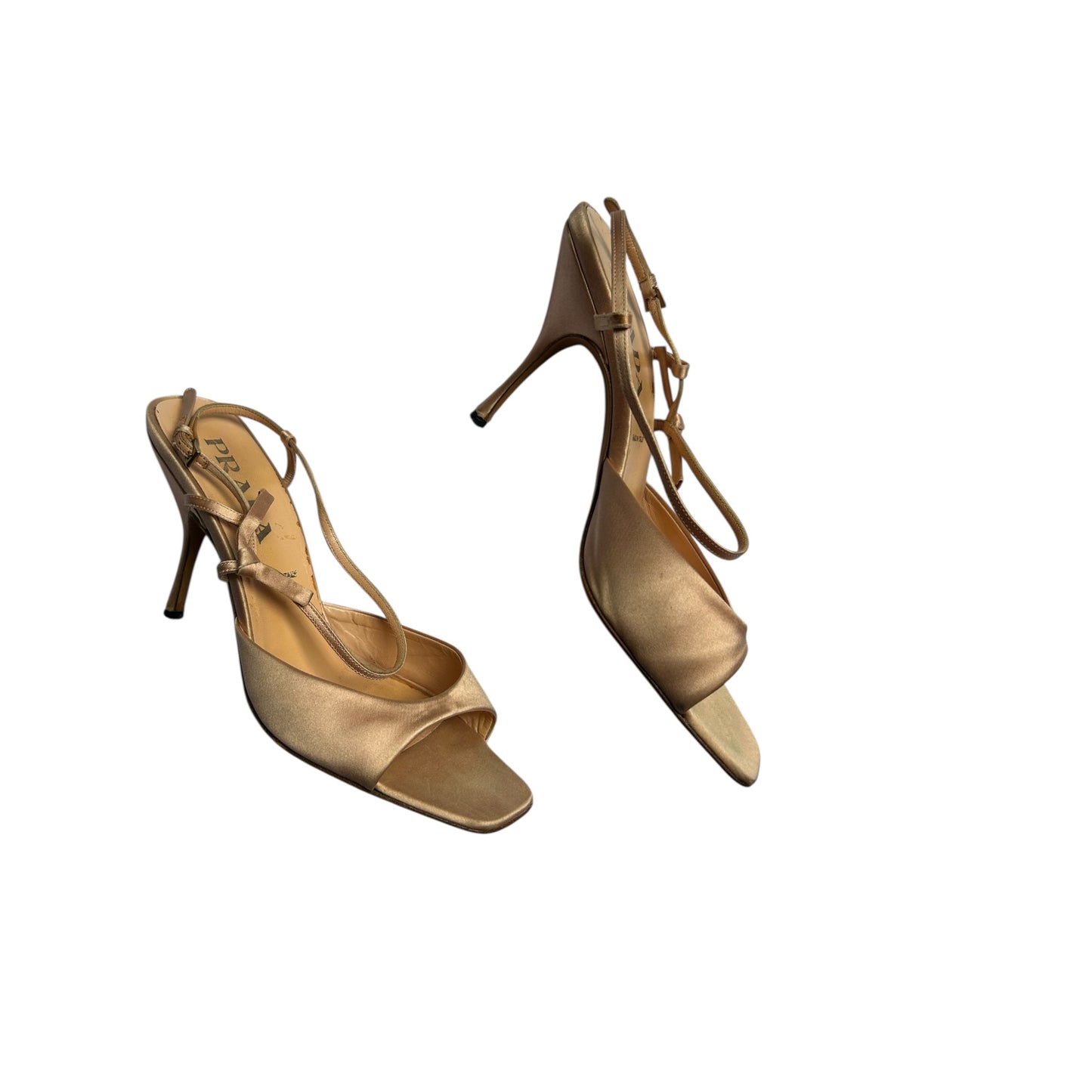 Vintage Prada Rose Gold pink satin bow tie sandal heels / 40