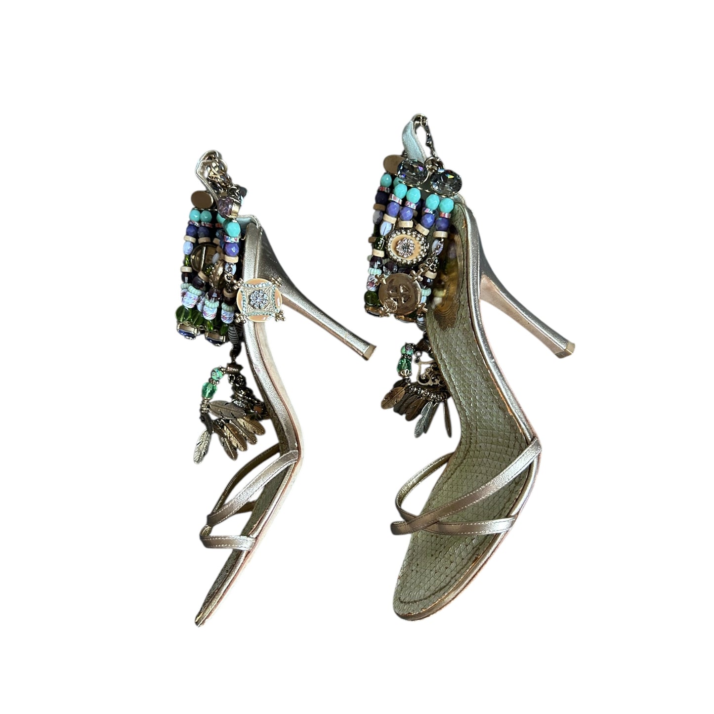 Vintage collector piece Rene Caovilla metallic lizard insole heavy embedded tropical motive sandal heels / 37