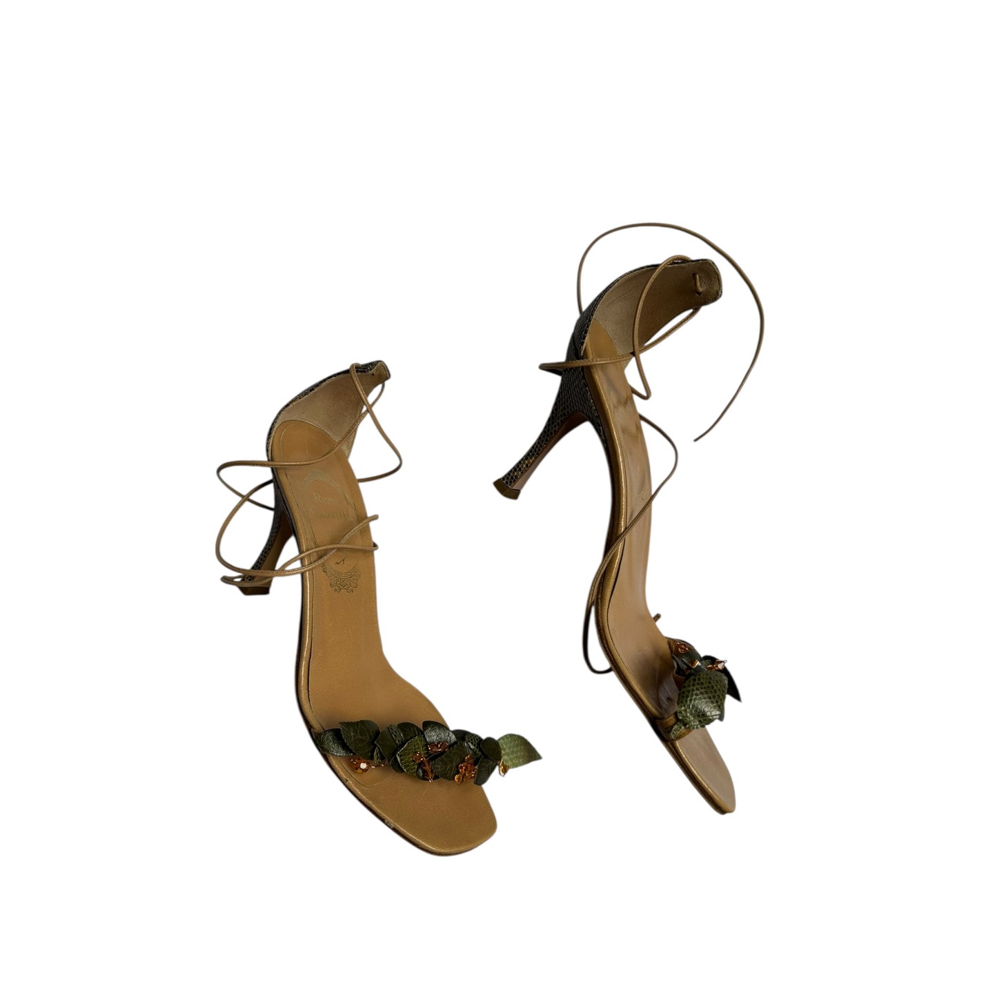 Vintage Rene Caovilla floral leaf wrap around lizard skin heels / 36