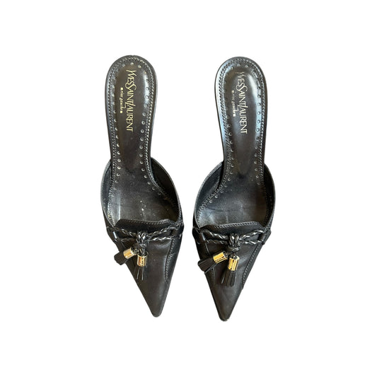 Vintage Yves Saint Laurent black leather tassel mule heels / 37.5