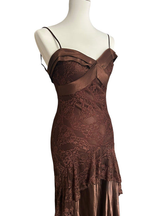 Vintage brown maxi satin and lace elegant dress gown with complimentary scarf