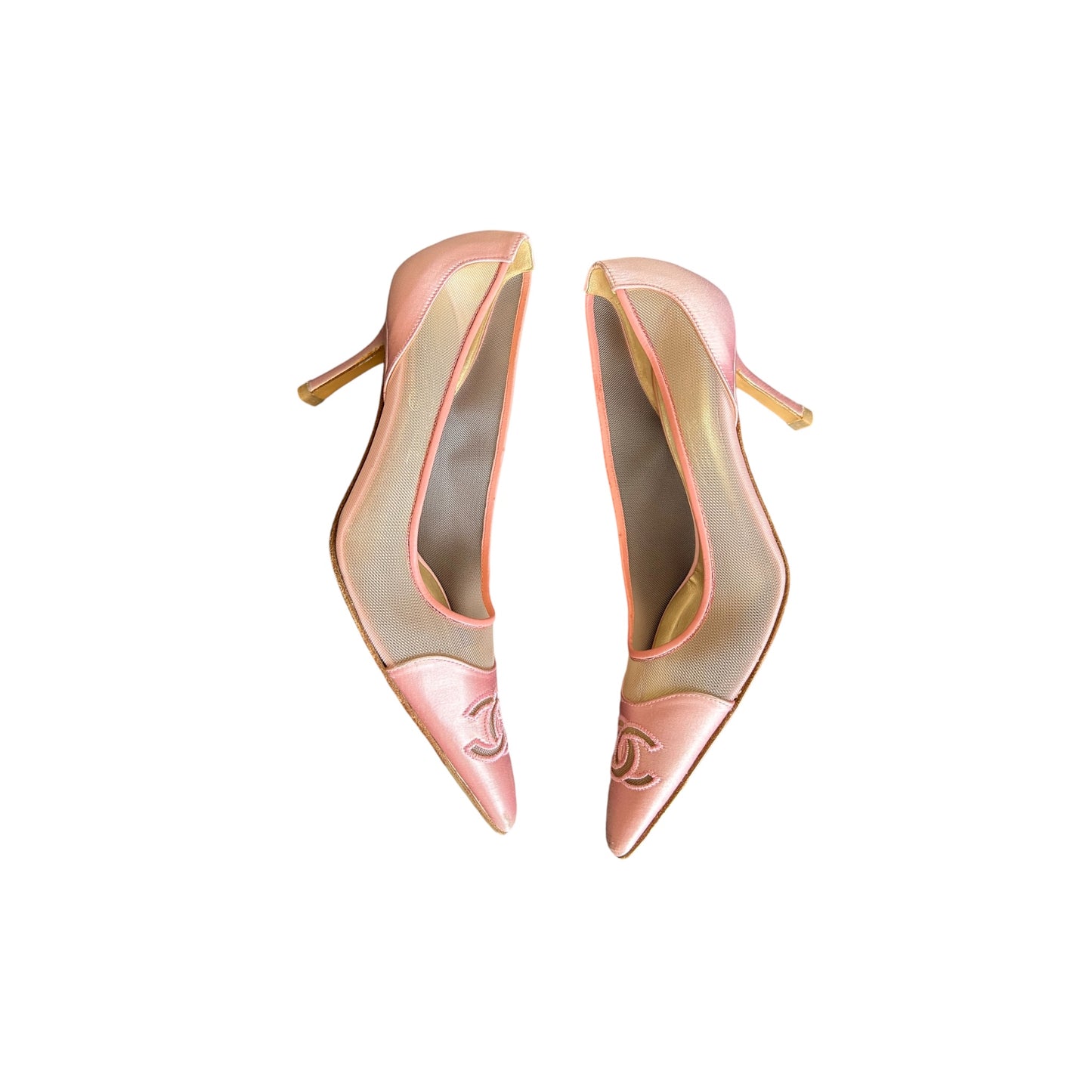 Vintage Rare Chanel CC interlocking logo mesh satin pink heels / 38