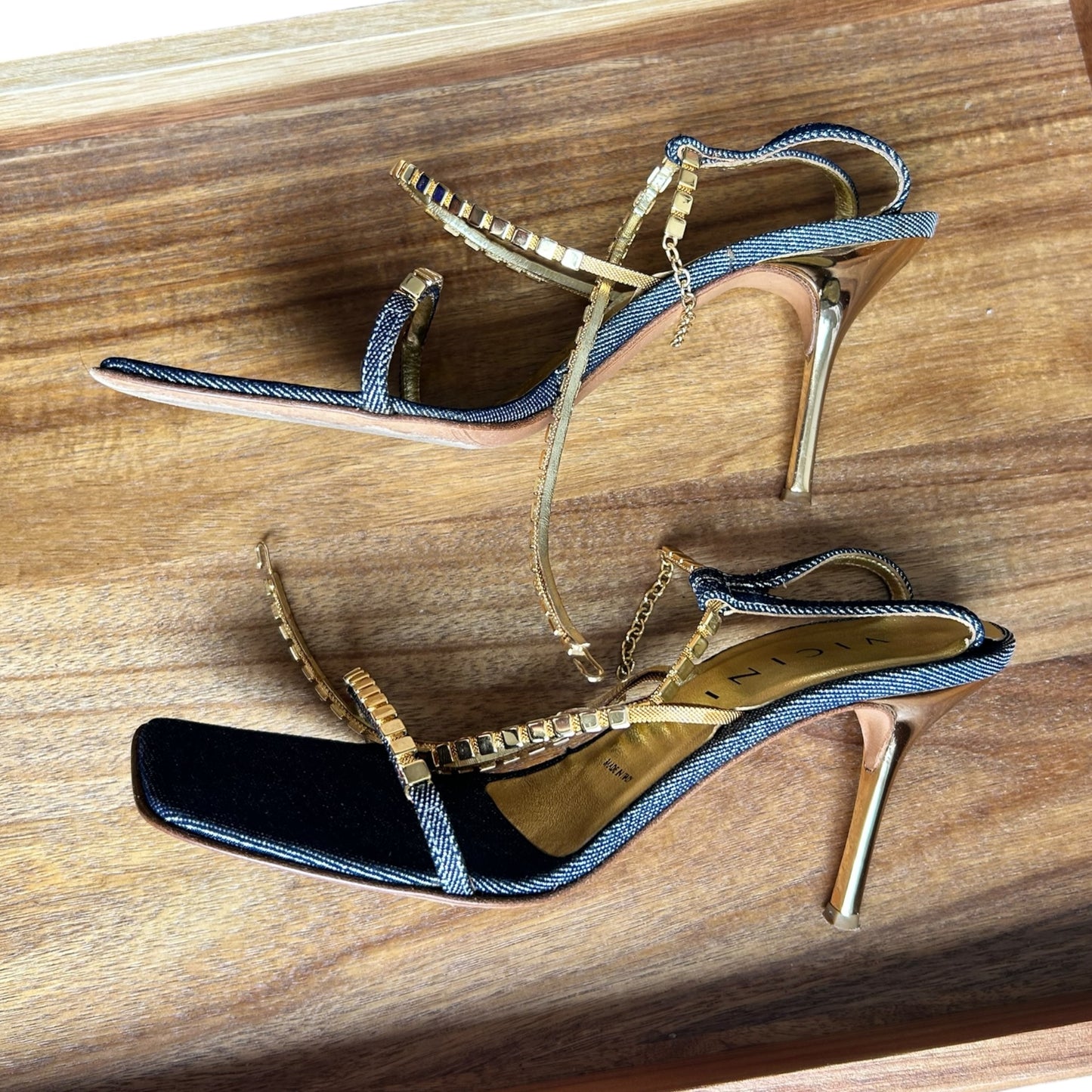 Vintage Vicini by Zanotti denim crystal gold mule heels / 37.5