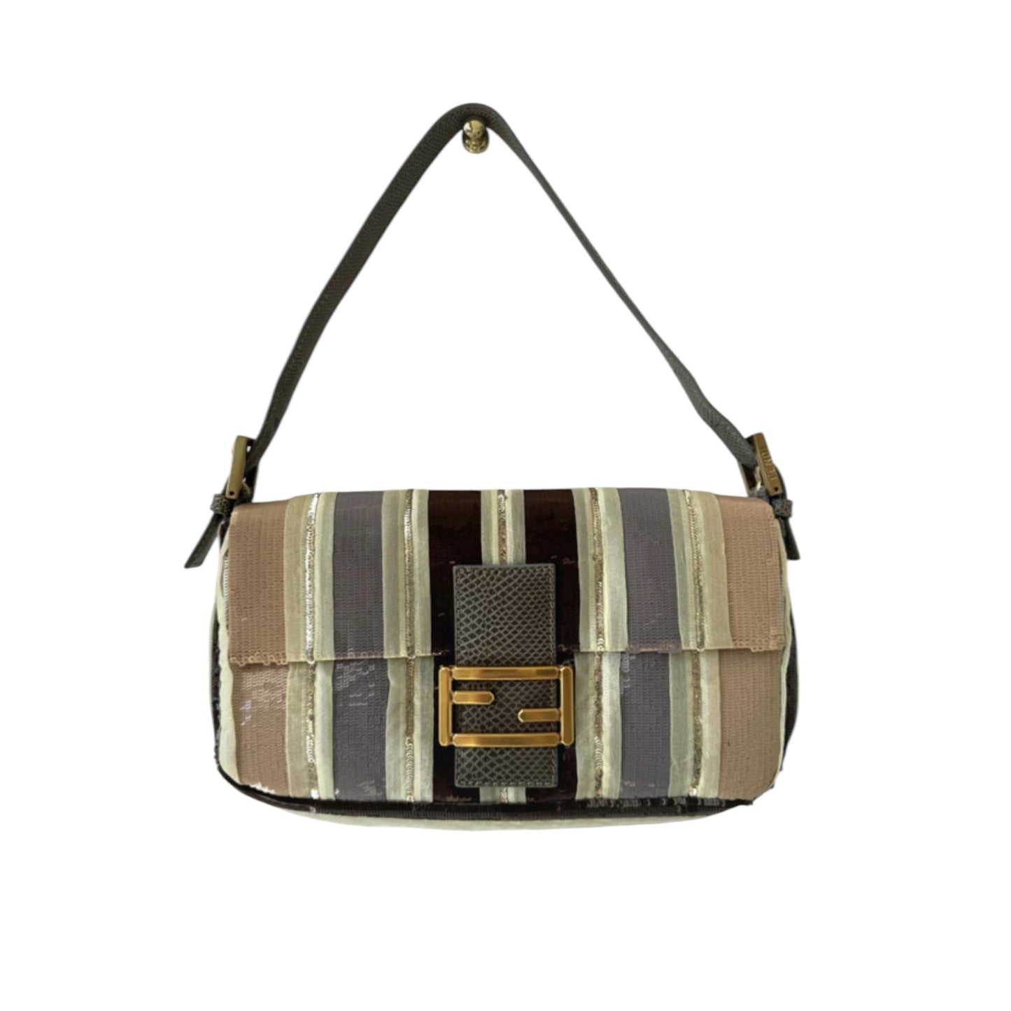 Vintage Fendi Baguette Bag Brown Beige Striped Sequin Zucca FF Shoulder Bag
