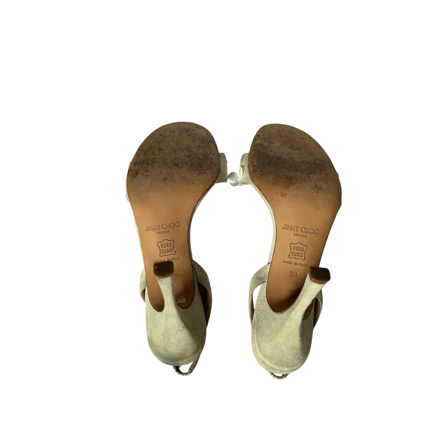 Vintage Jimmy Choo beige suede pearl slingback heels / 38