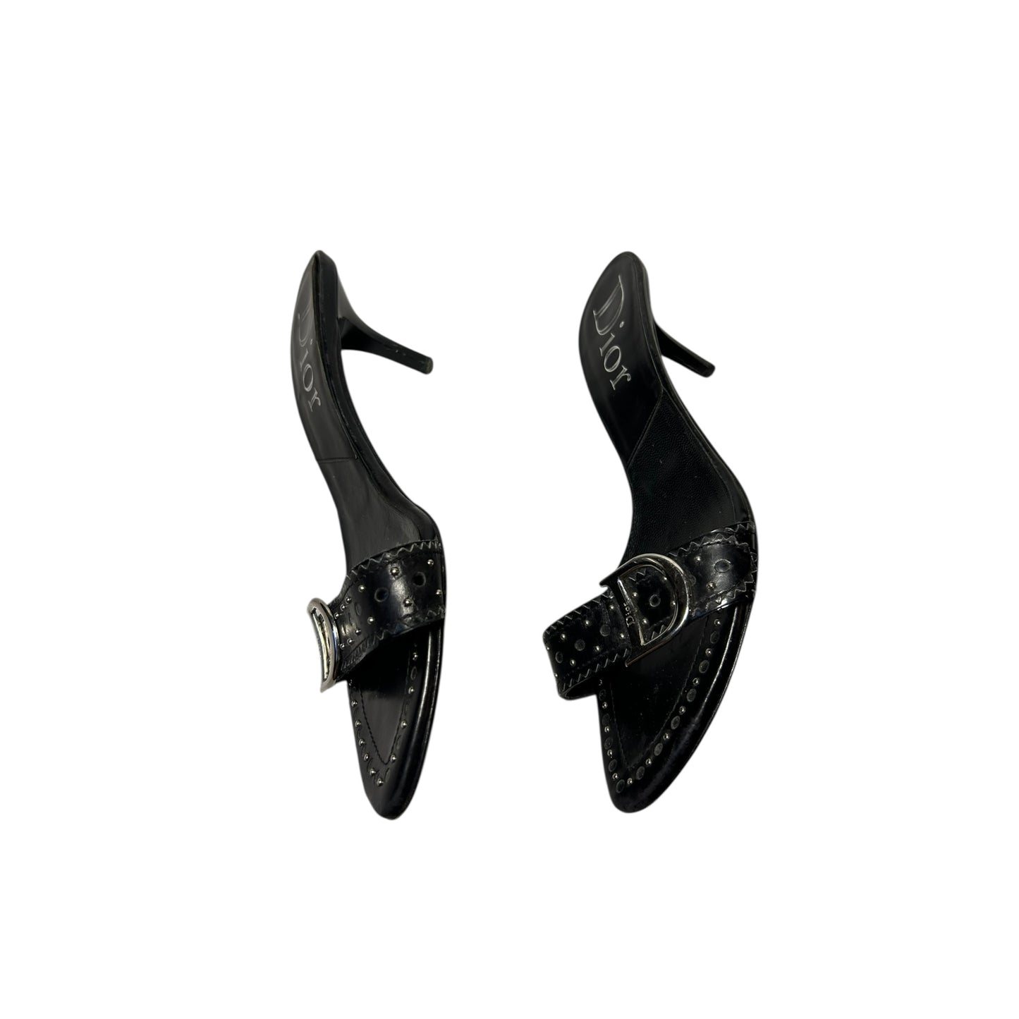 Vintage Dior by John Galliano black leather buckle mule heels / 37.5