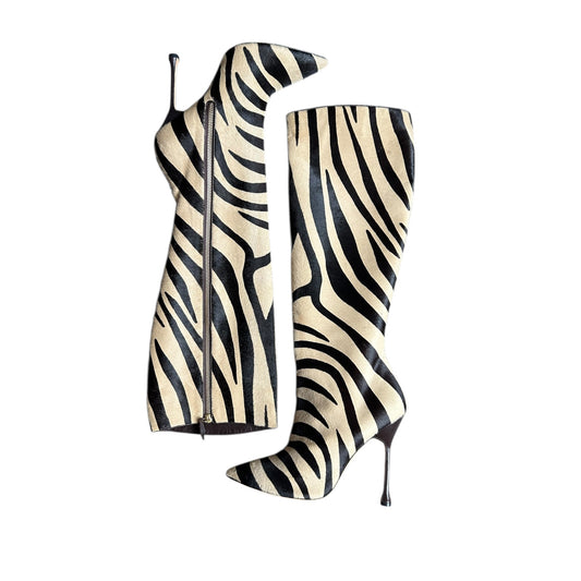 Vintage Manolo Blahnik pony hair zebra print knee high boots/ 38.5