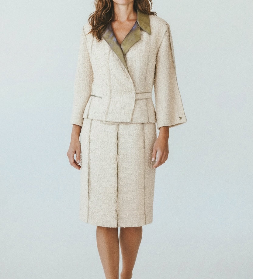 Vintage Chanel 1999 fringed beige gold skirt suit and blazer set with olive satin lining