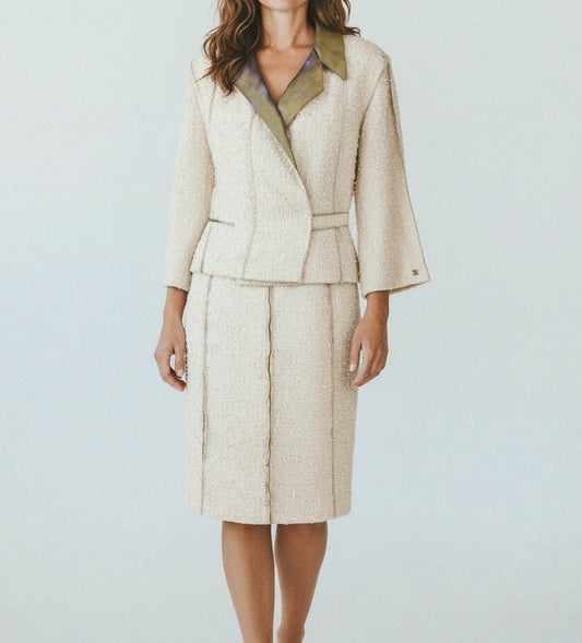 Vintage Chanel 1999 fringed beige gold skirt suit and blazer set with olive satin lining