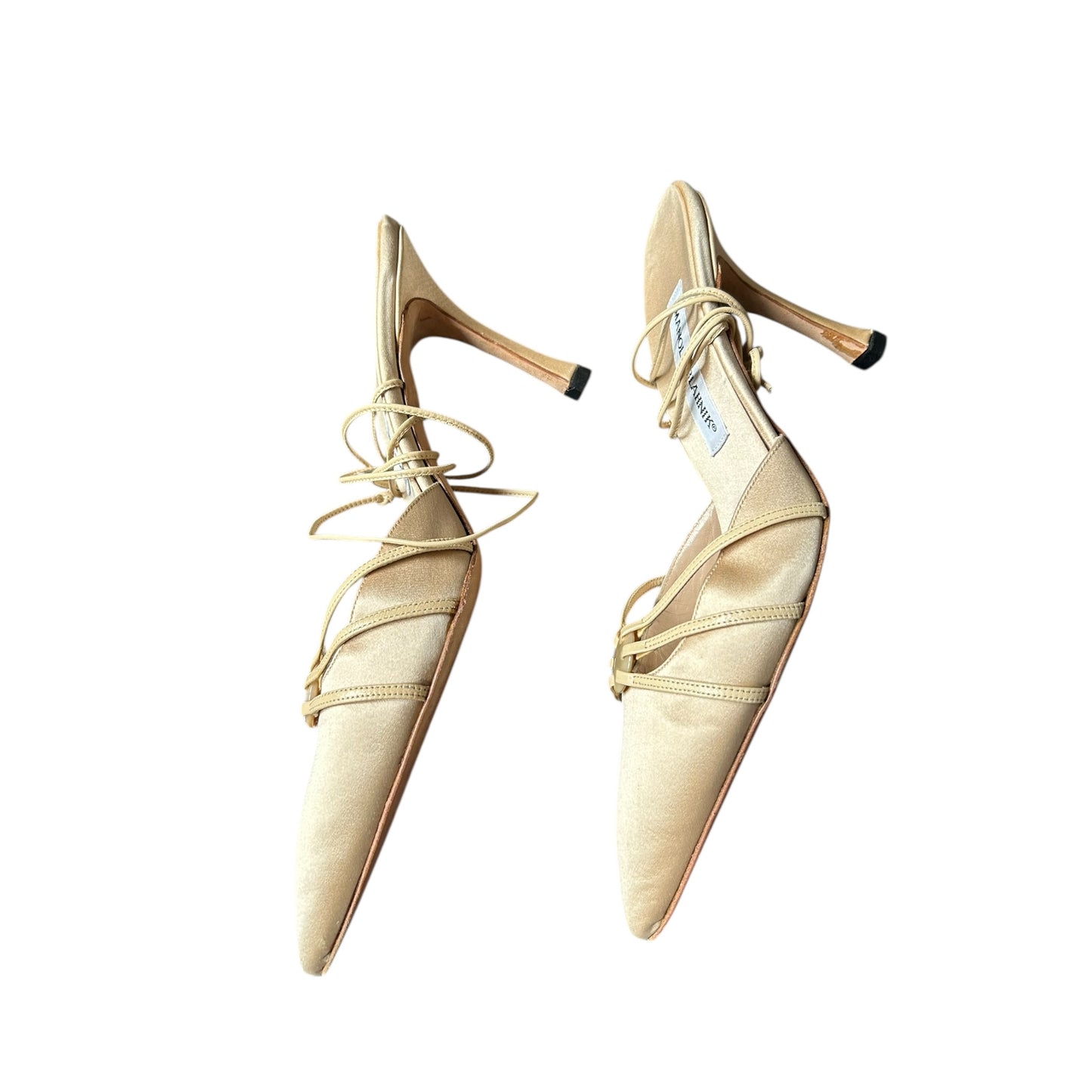 Vintage Manolo Blahnik gold satin button detail wrap around mule heels / 40