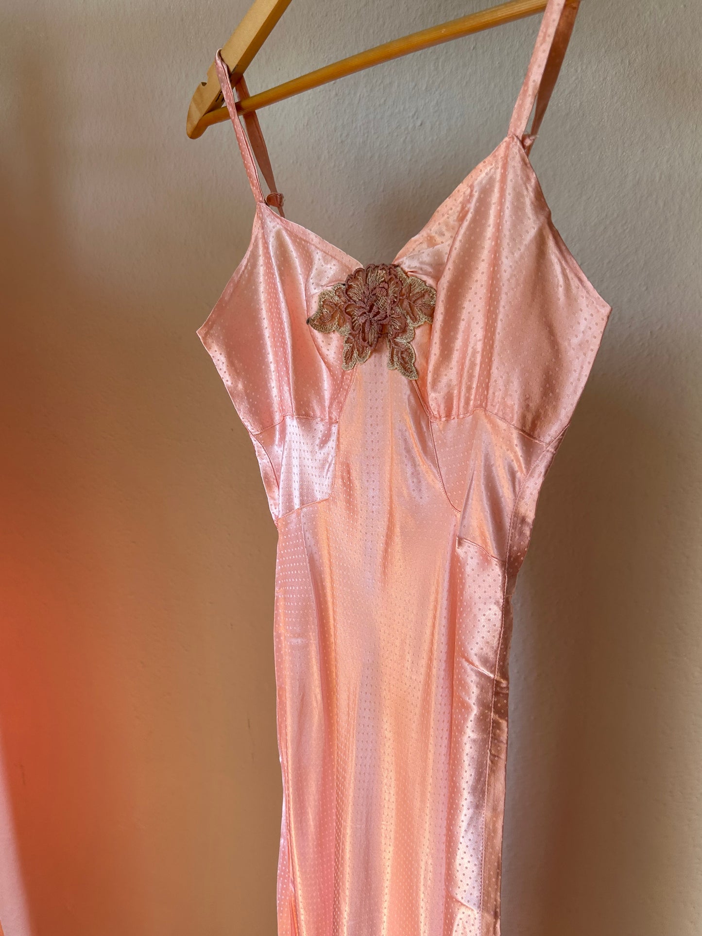 Vintage pink polka dot satin maxi slip dress with floral embroidery/ Xs