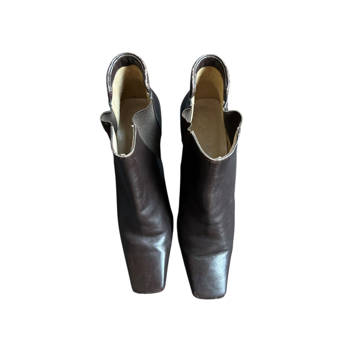 Vintage iconic Chanel brown square toe leather ankle boots CC interlocking logo heel / 37.5