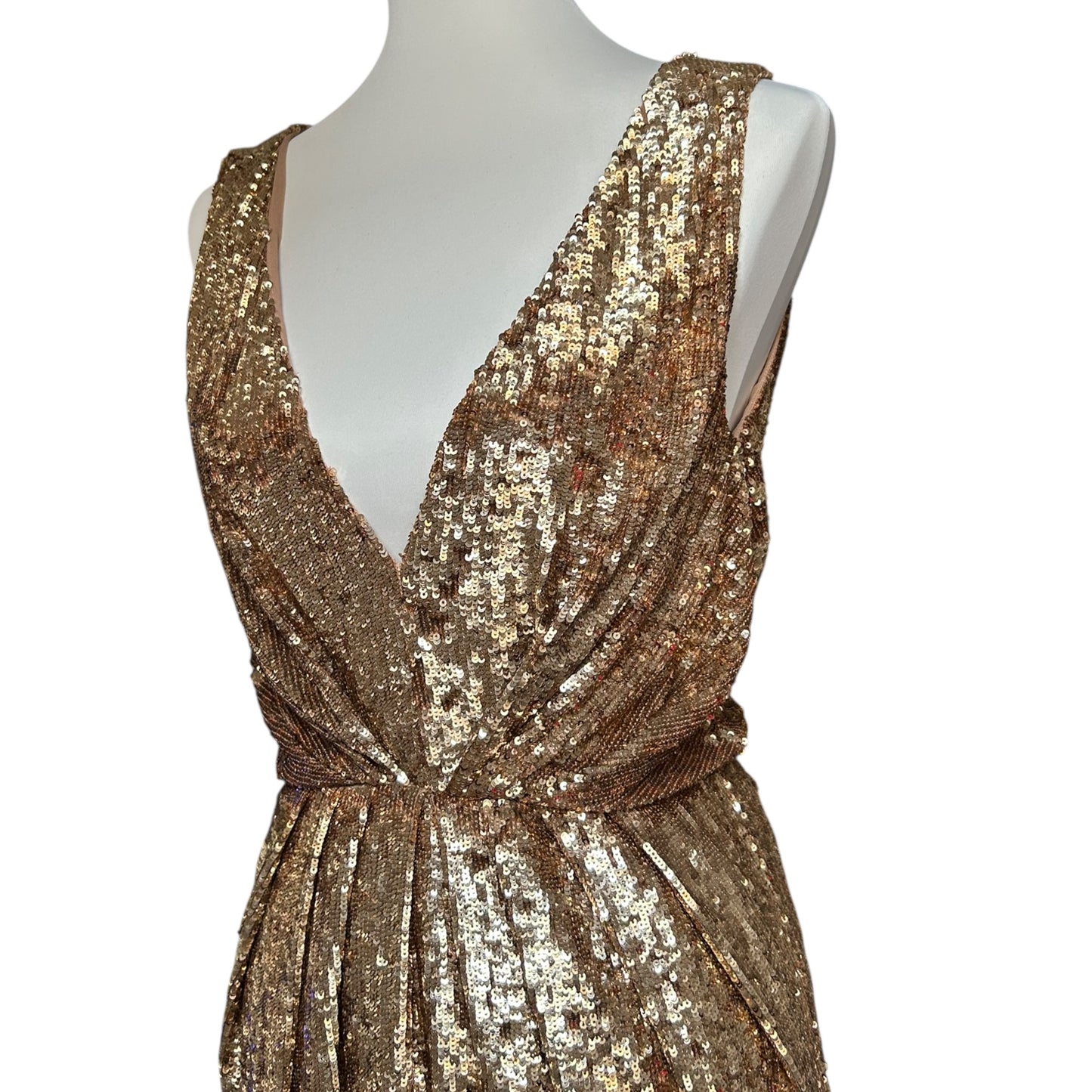 Vintage Blumarine SS2000 Gold Sequin Plunge Dress with Pink Floral Hem runway