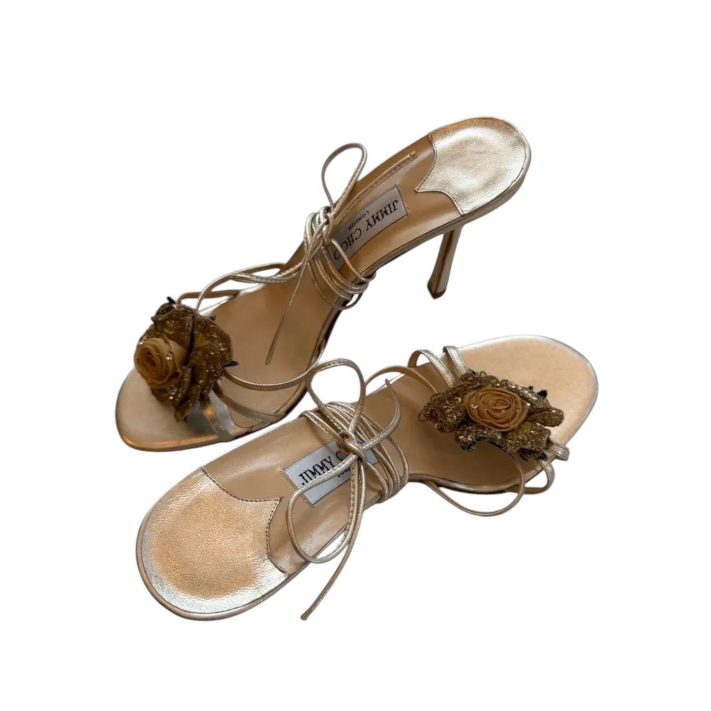 Jimmy Choo Gold Rose Floral Lace-Up Heels / 42