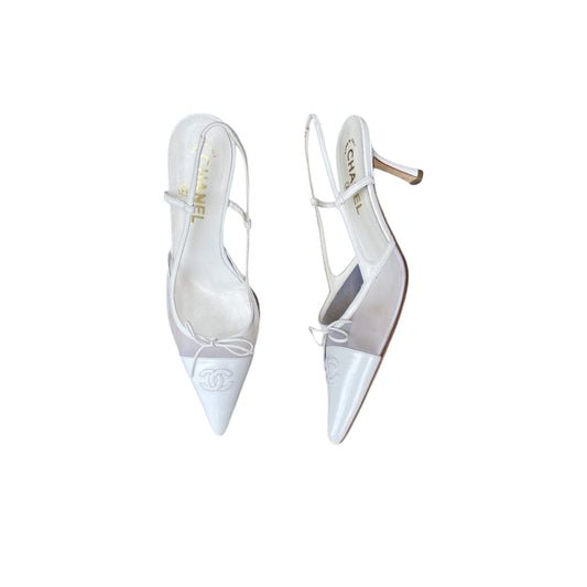 Chanel “CC” White Bow Mesh Slingback Heels/ 38.5