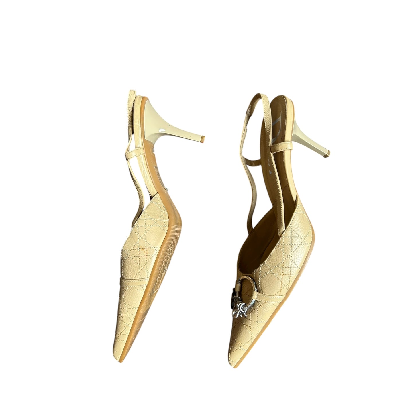 Vintage rare Dior metal spell out logo nude slingback heels /37