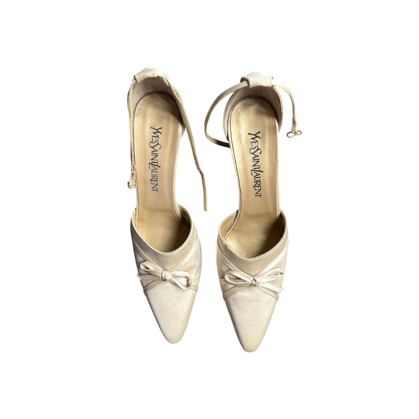 Vintage Yves Saint Laurent cream satin bow tie heels / 38.5