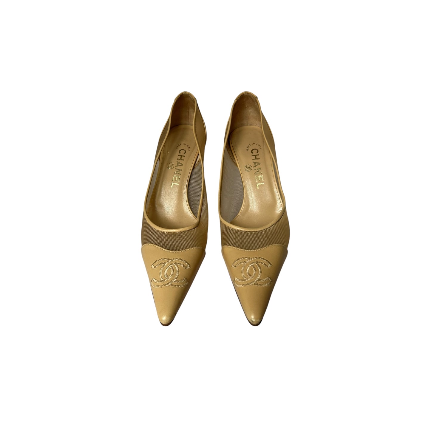 Vintage Chanel CC logo beige mesh heels by Karl Lagerfeld / 37