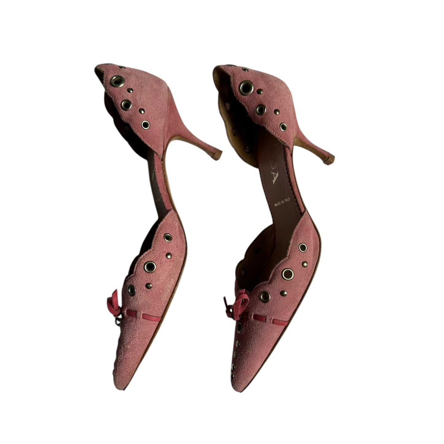 Vintage Prada pink suede eyelet heels / 35.5
