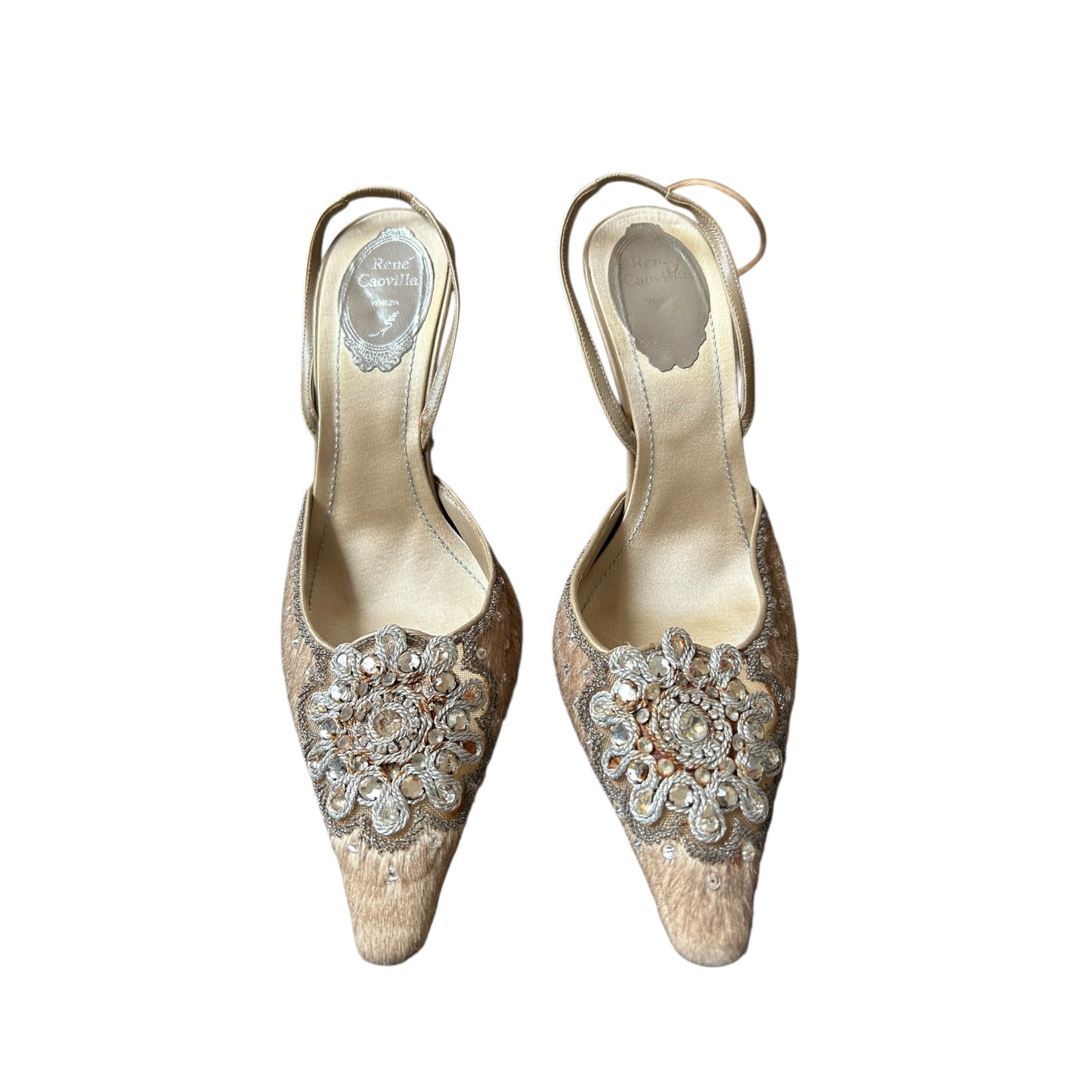 Vintage Rene Caovilla pony hair crystal embroidery rare slingback heels / 37.5