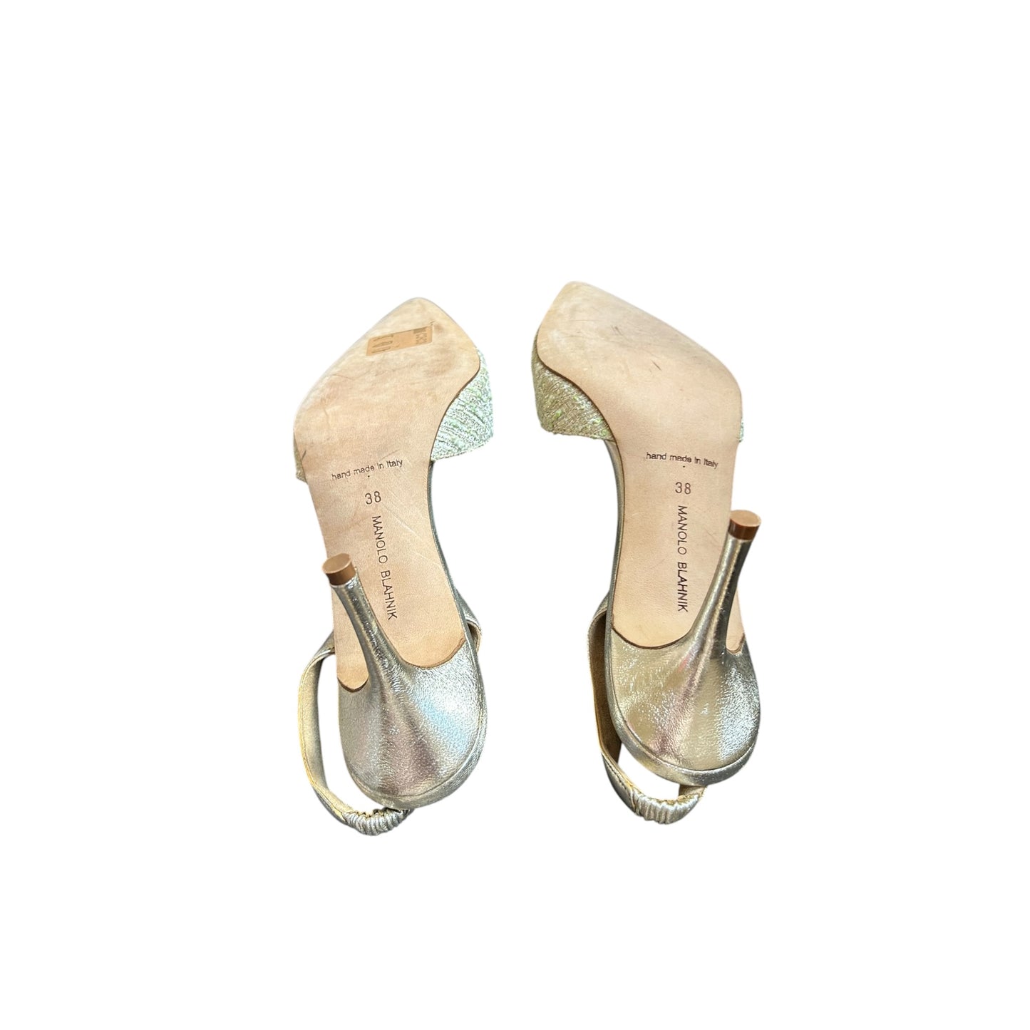Vintage Manolo Blahnik beige silver canvas slingback heels / 38