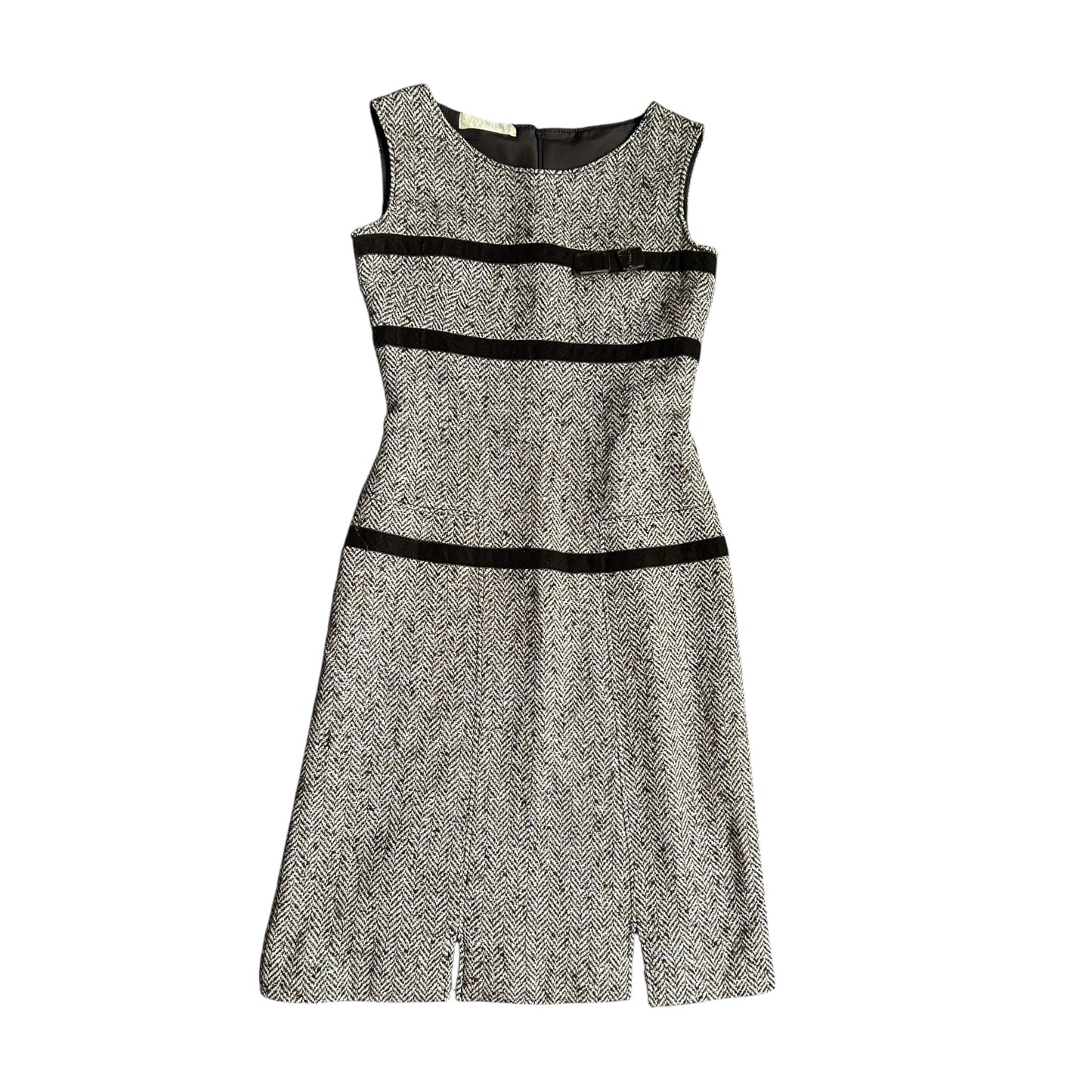 RENTAL ONLY Vintage Valentino 2005 Tweed Dress – Sleeveless A-Line Wool Blend Midi with Black Velvet Trim – Designer Archive Piece
