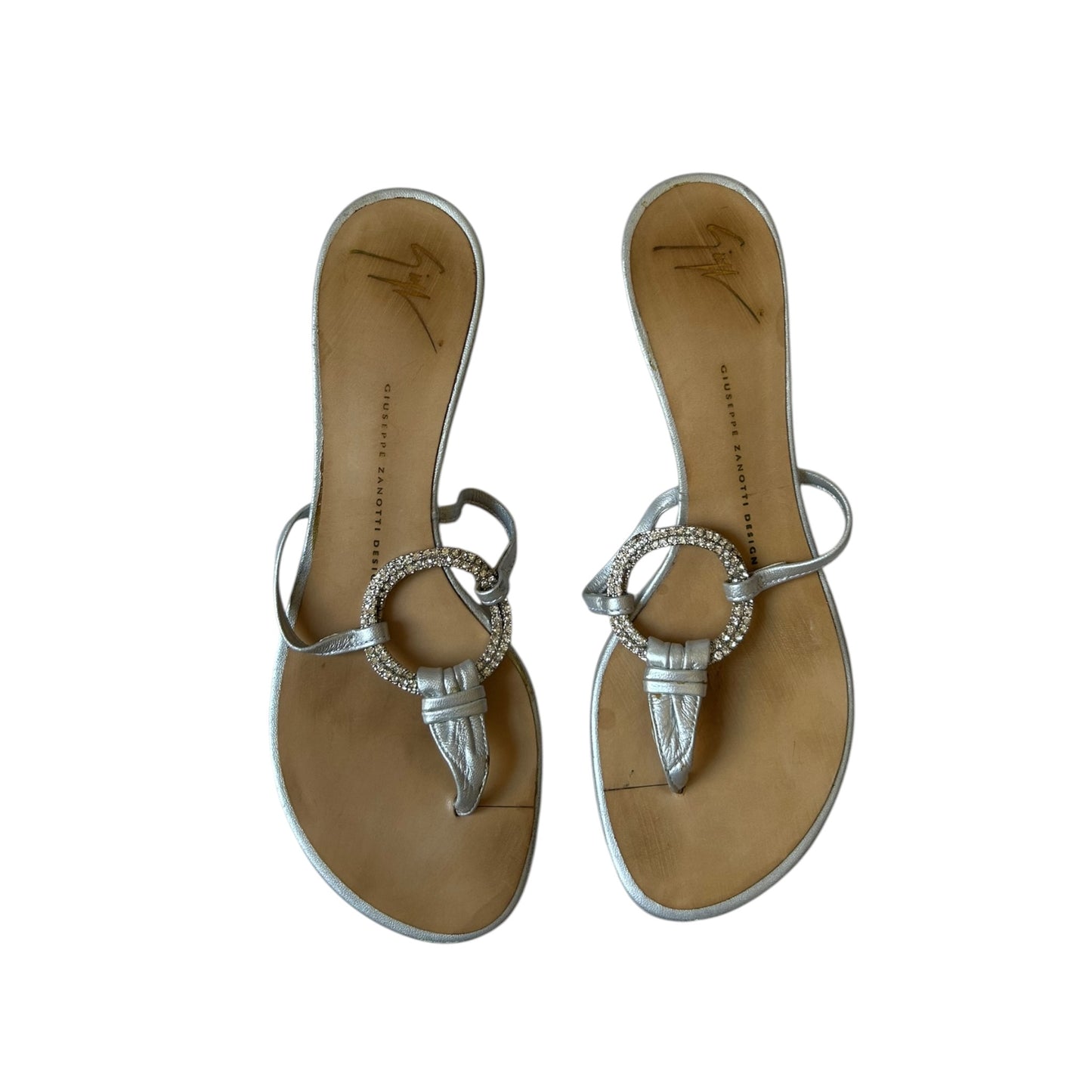 Vintage Guiseppe Zanotti silver crystal kitten heel thong / 39