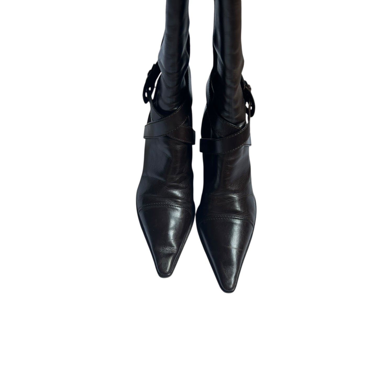 Vintage rare Chanel CC interlocking logo knee high brown leather pointy toe boots / 36.5