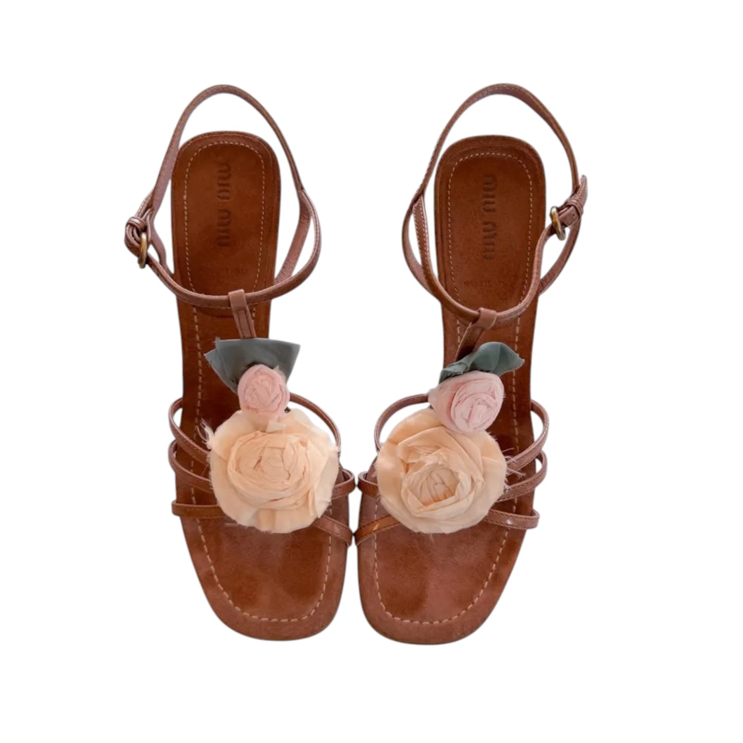 Miu Miu 2000s Silk Rose Floral Leather Strappy Heels / 37.5