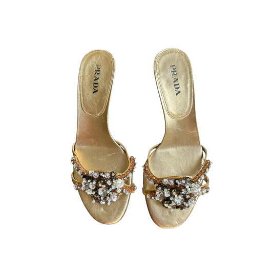 Vintage Prada crystal embedded golden mule heels / 37.5