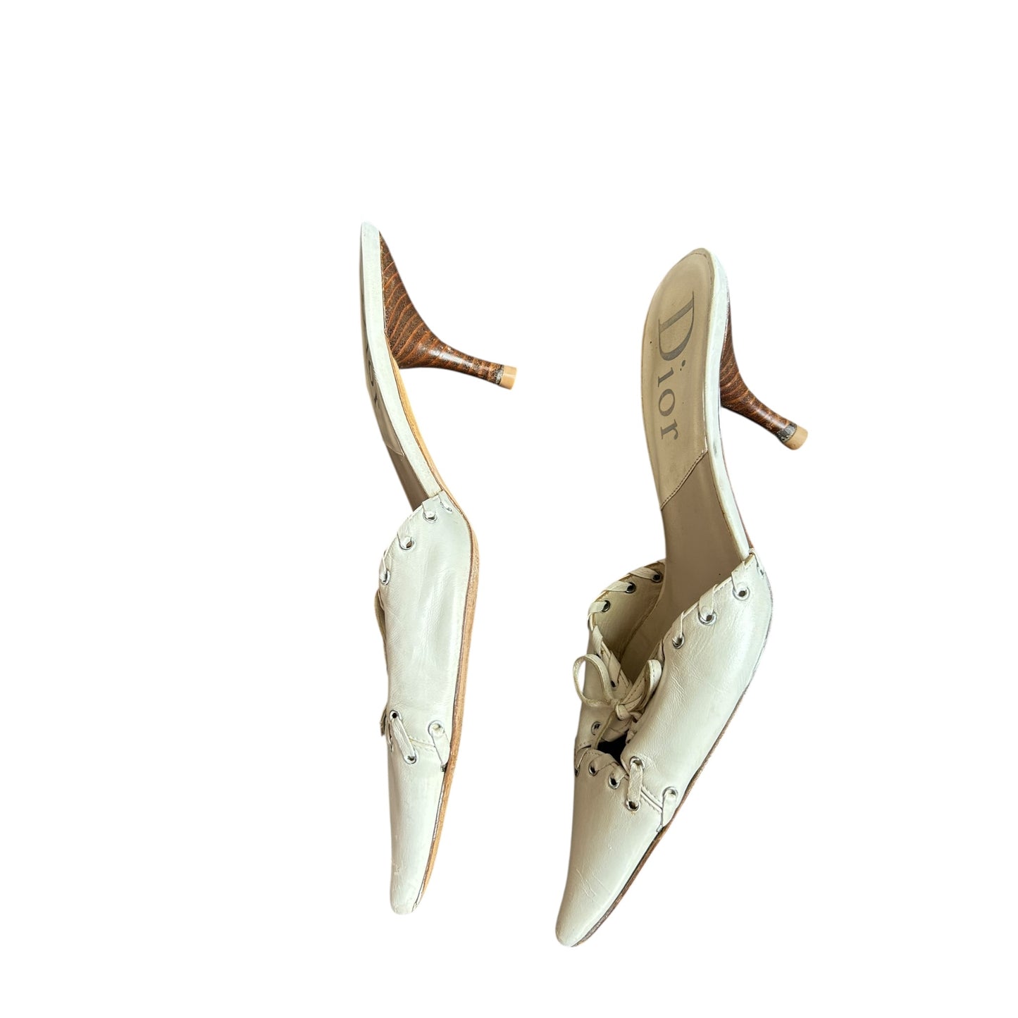 Vintage Dior 2003 Whipstitch Trim Mules "Bondage" collection designed by John Galliano white leather mule heels / 38