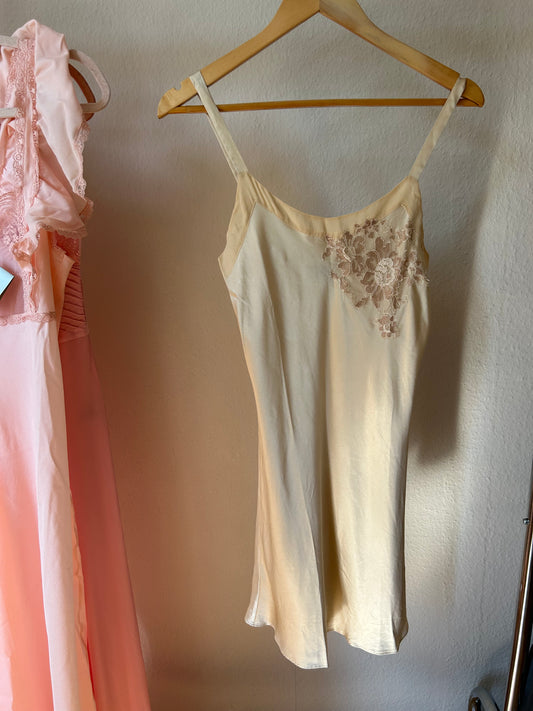Vintage pure silk butter yellow mini slip dress with floral lace embroidery/ S