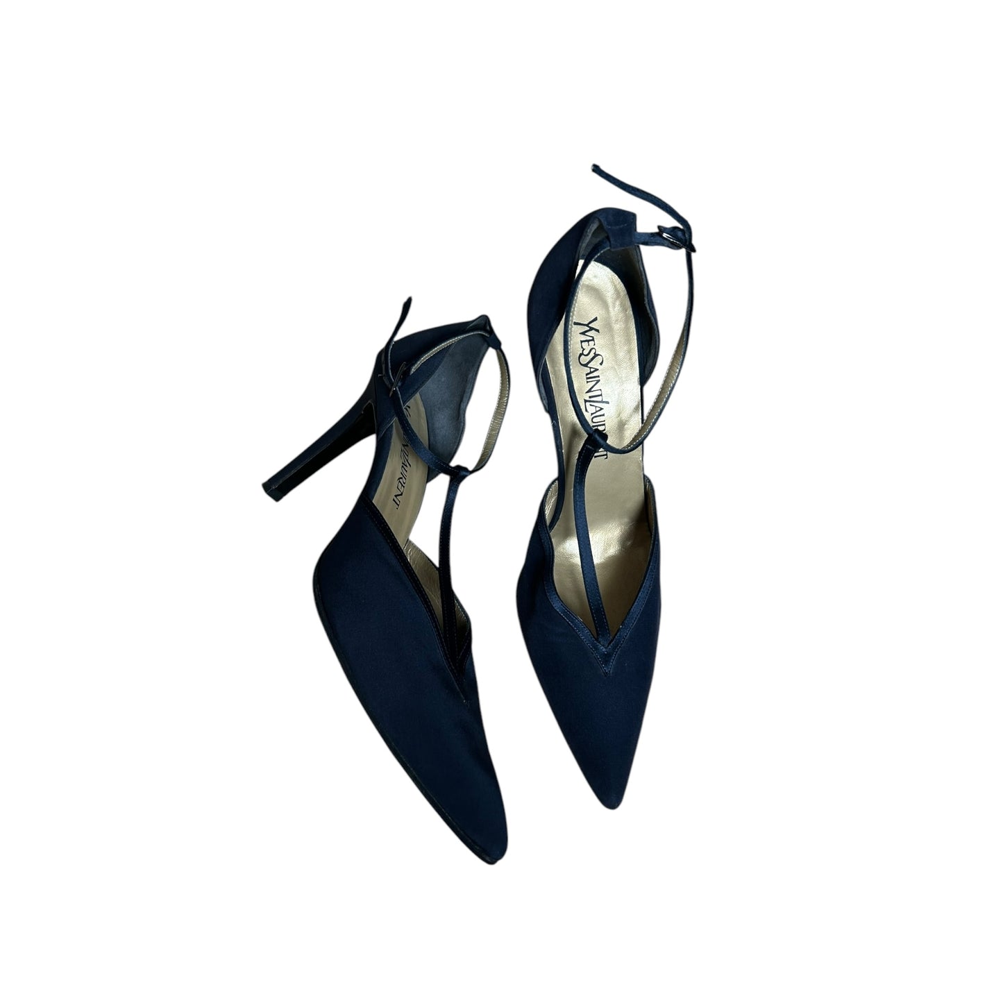 Vintage Yves Saint Laurent navy T strap heels / 38 / US 8