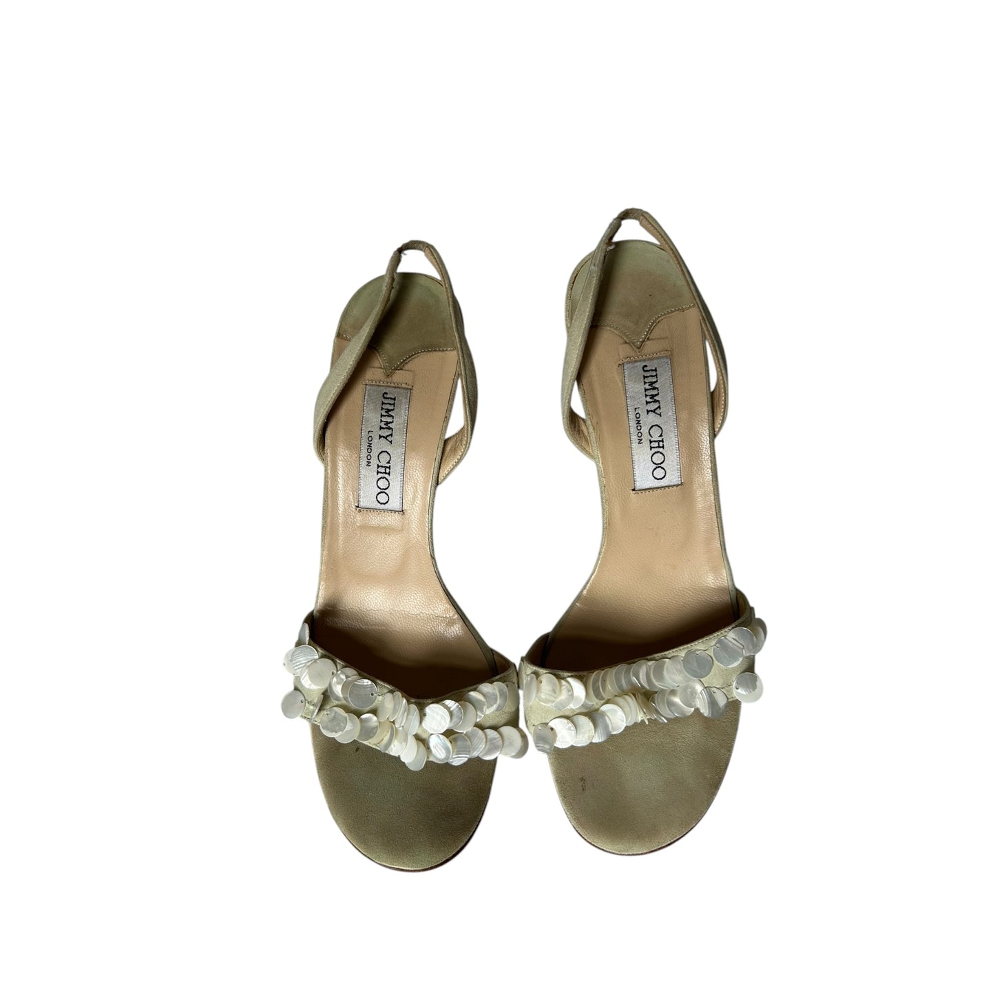 Vintage Jimmy Choo beige suede pearl slingback heels / 38