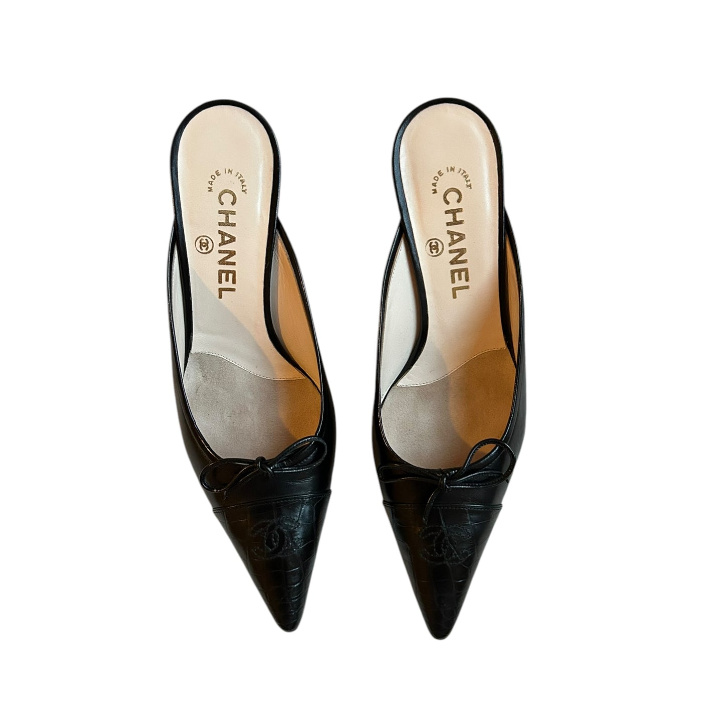 Vintage Chanel croc CC interlocking logo black mule heels by Karl Lagerfeld/ 38.5