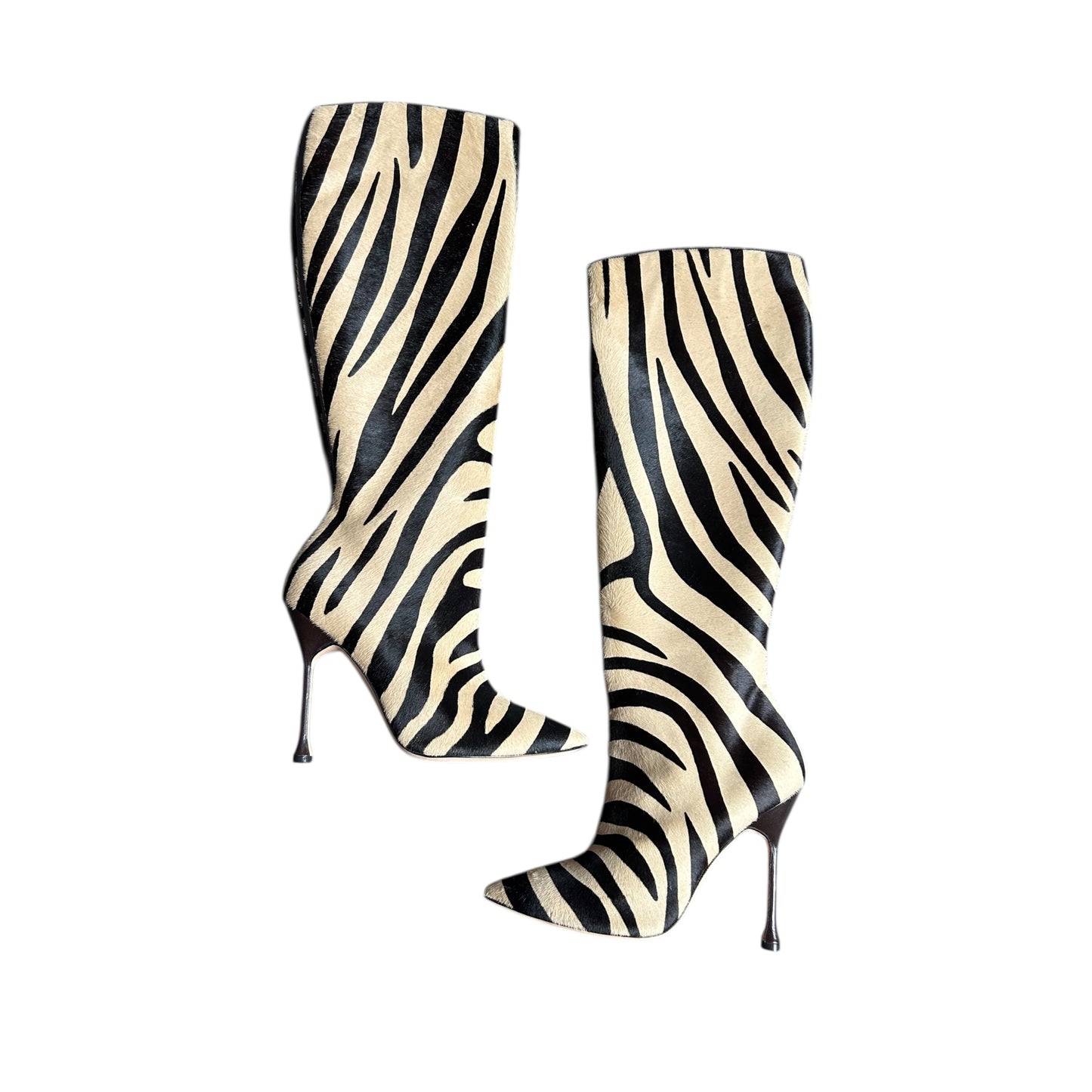 Vintage Manolo Blahnik pony hair zebra print knee high boots/ 38.5