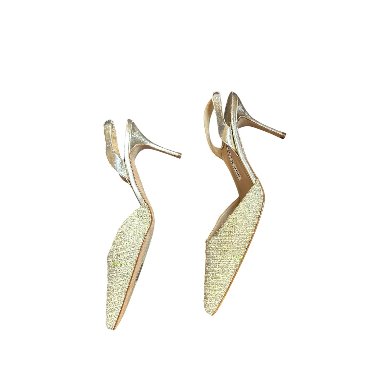Vintage Manolo Blahnik beige silver canvas slingback heels / 38