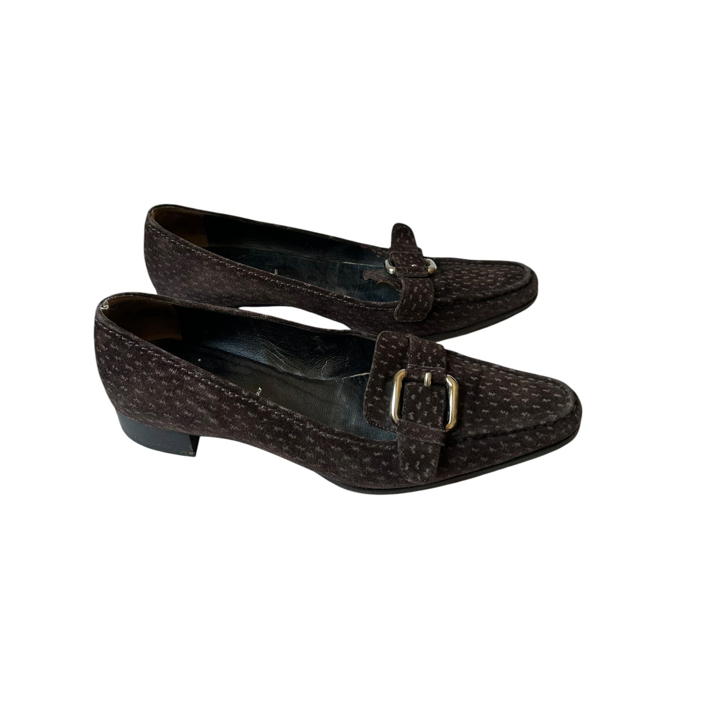 Vintage Prada suede brown ostrich buckle loafer flats / 37.5