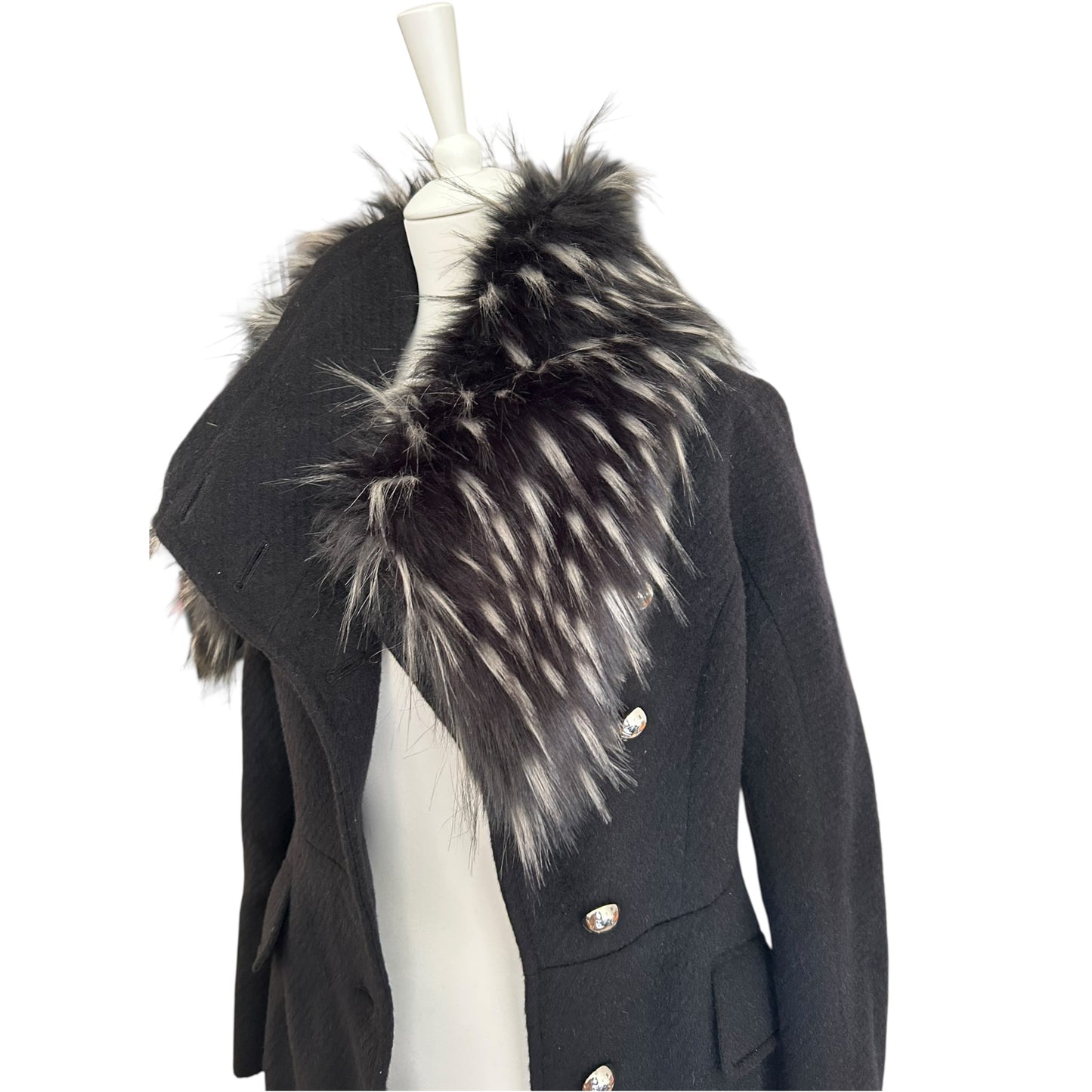Roberto Cavalli wool black fur trim coat NWT