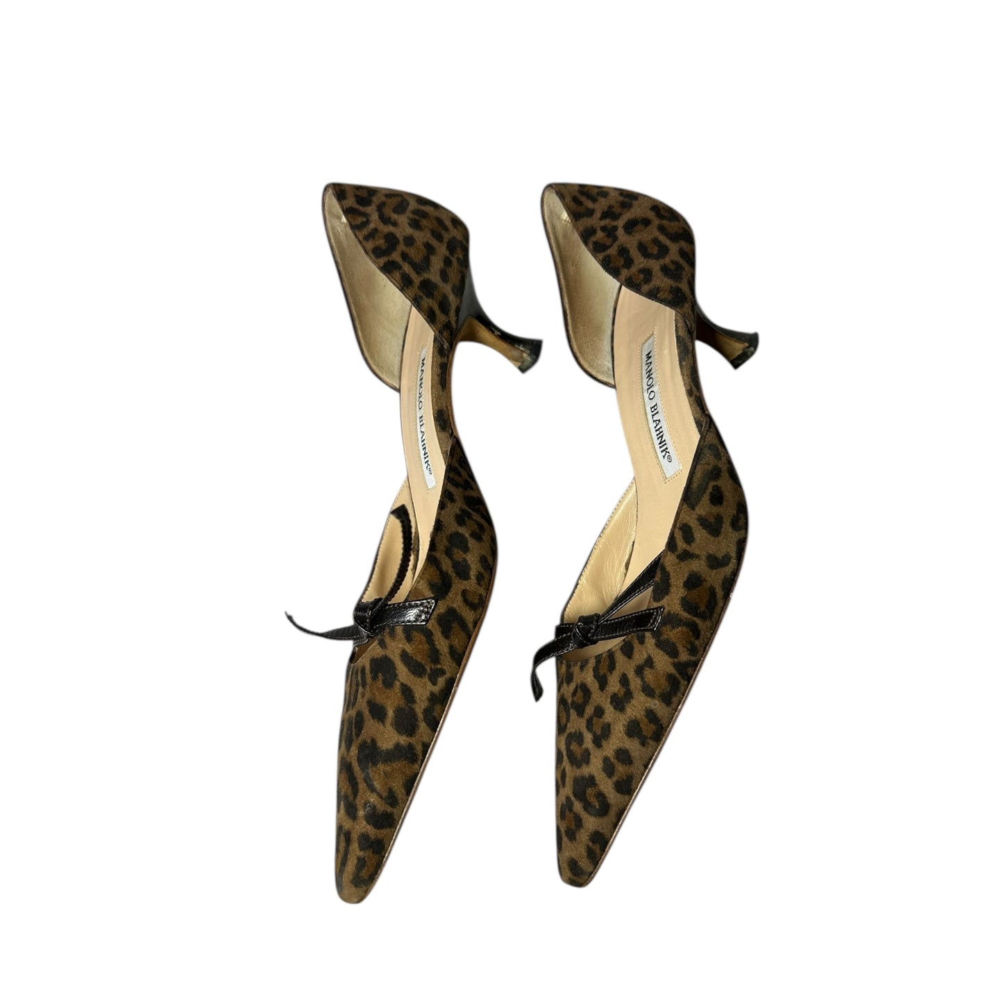 Vintage Manolo Blahnik bow tie leo print kitten heels / 38.5