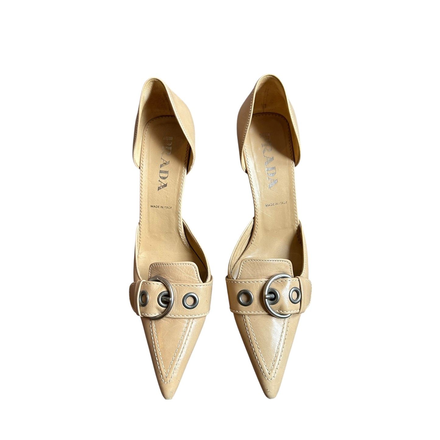 Vintage Prada SS2002 buckle nude kitten heels / 37.5