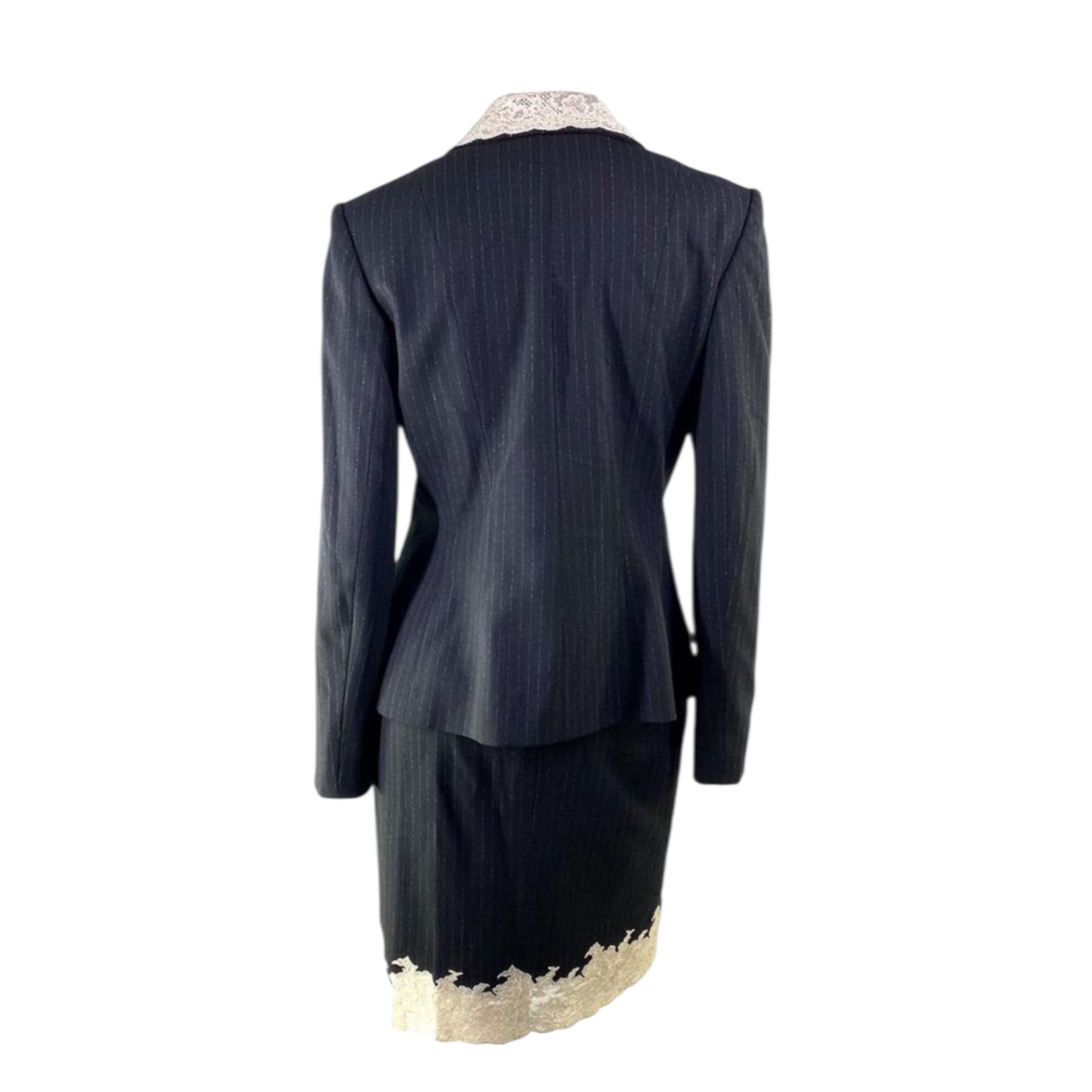 Vintage Christian Dior by John Galliano iconic 1998 Autumn/Winter Haute Couture pinstripe black skirt suit with lace