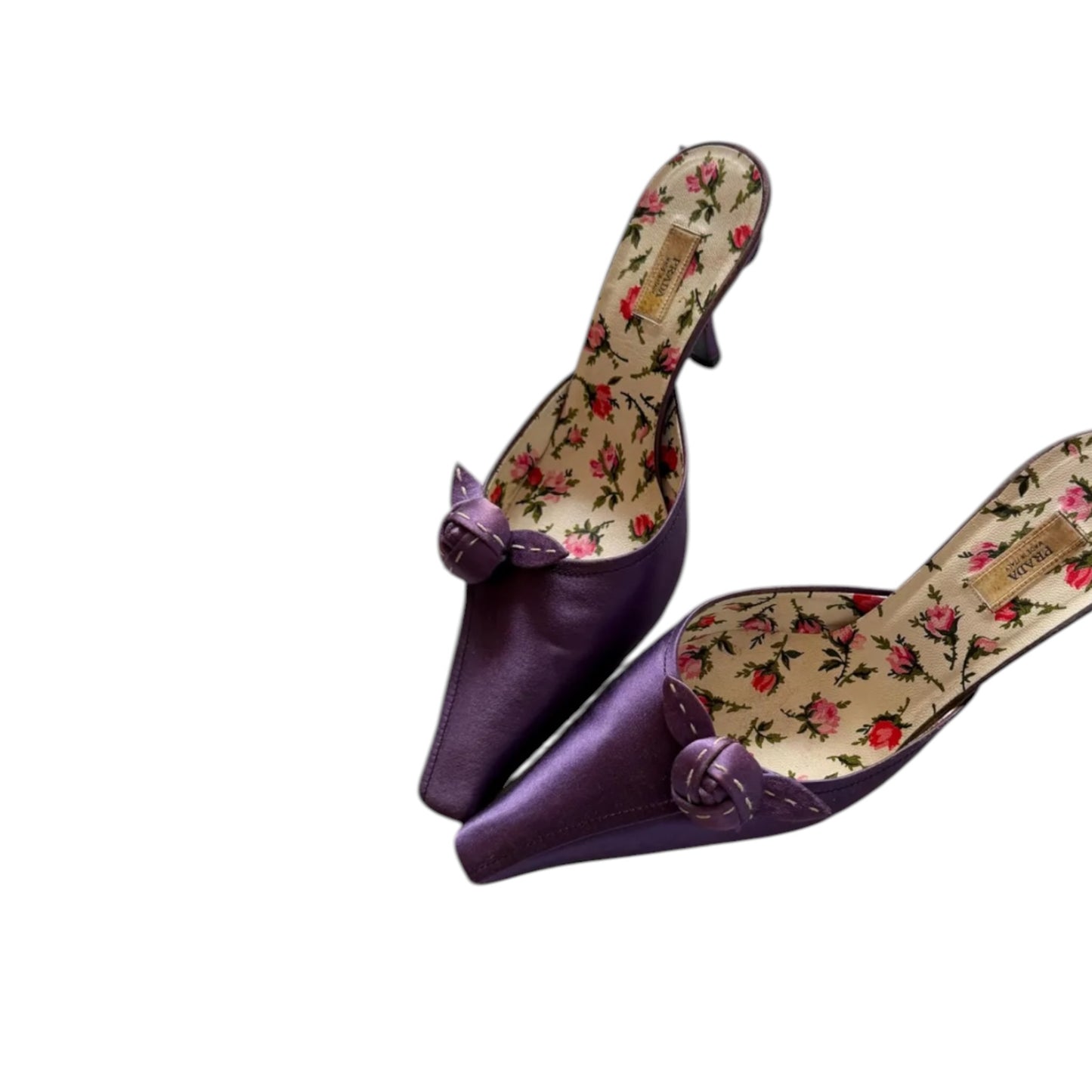 Vintage Prada 2000s Purple Satin Rose Print Mule Heels / 36